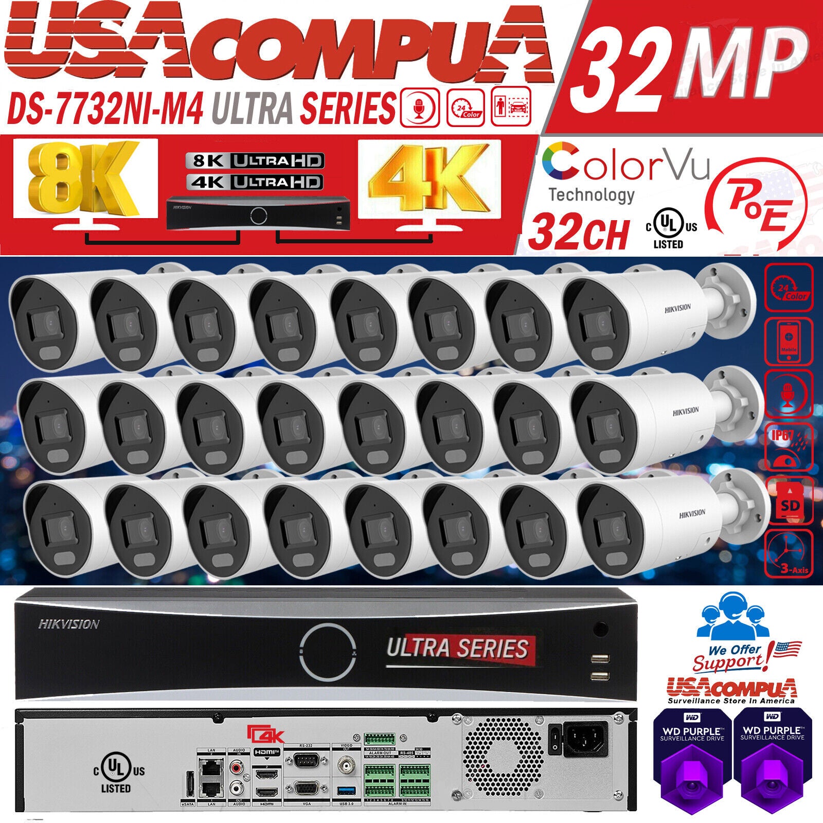 Hikvision 4K 32ch IP PoE Security System 5 MP ColorVu Bullet w/ resolution