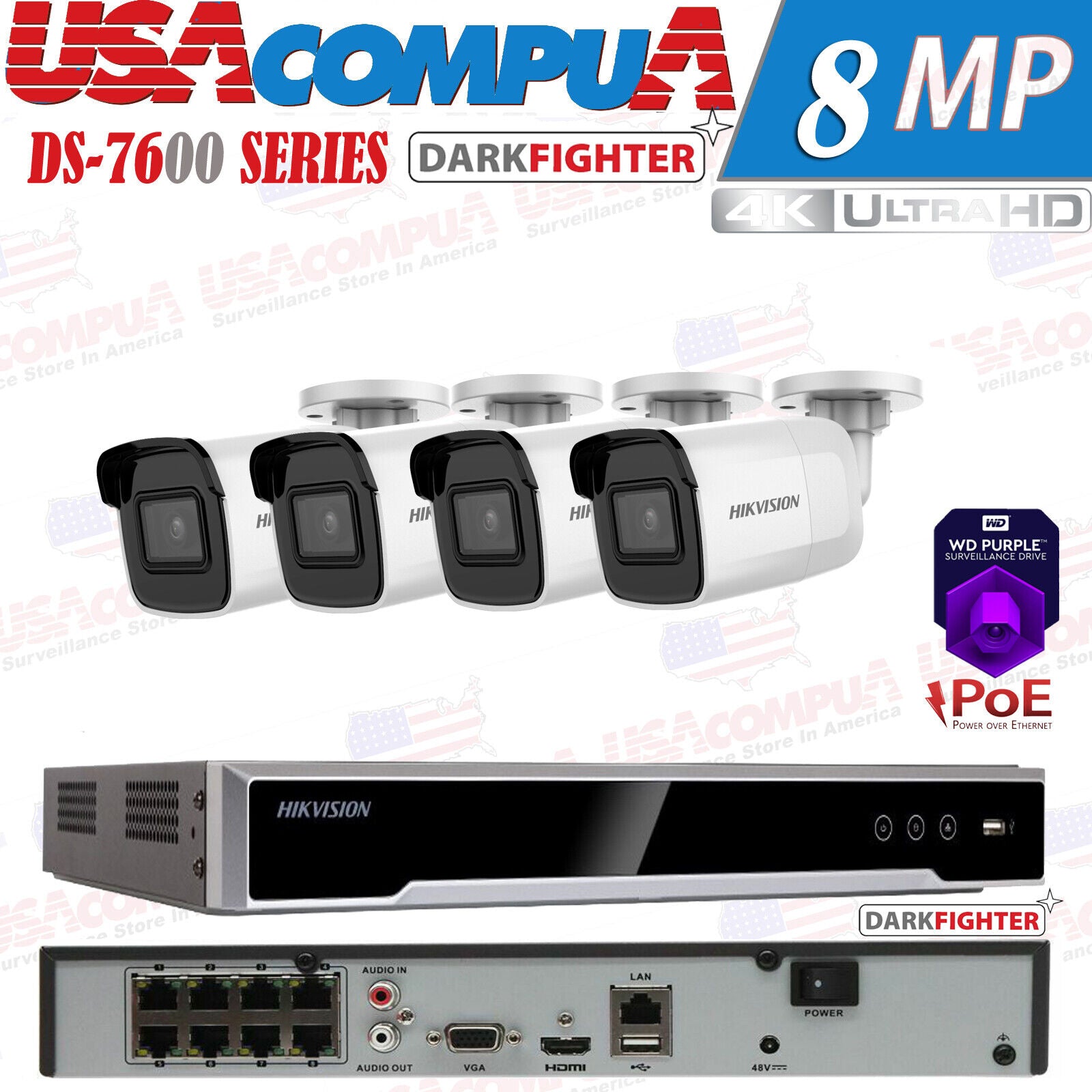 HIKVISION 8MP POE SECURITY SYSTEM KIT BULLET DARKFIGTER H.265+ WD HDD PURPLE