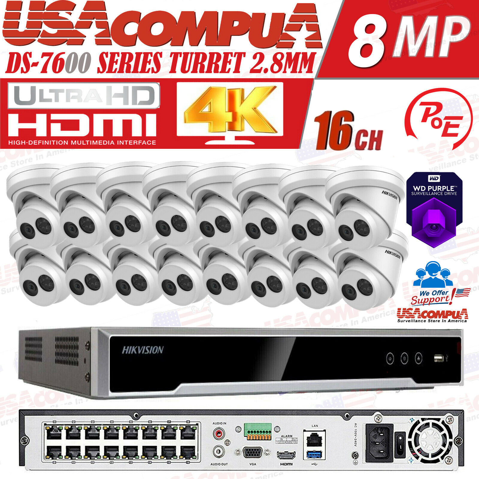 DS-2CD2383G0-IU & DS-7616NI-Q2 Hikvision 16CH 16POE NVR 4MP Turret Mic IP Camera