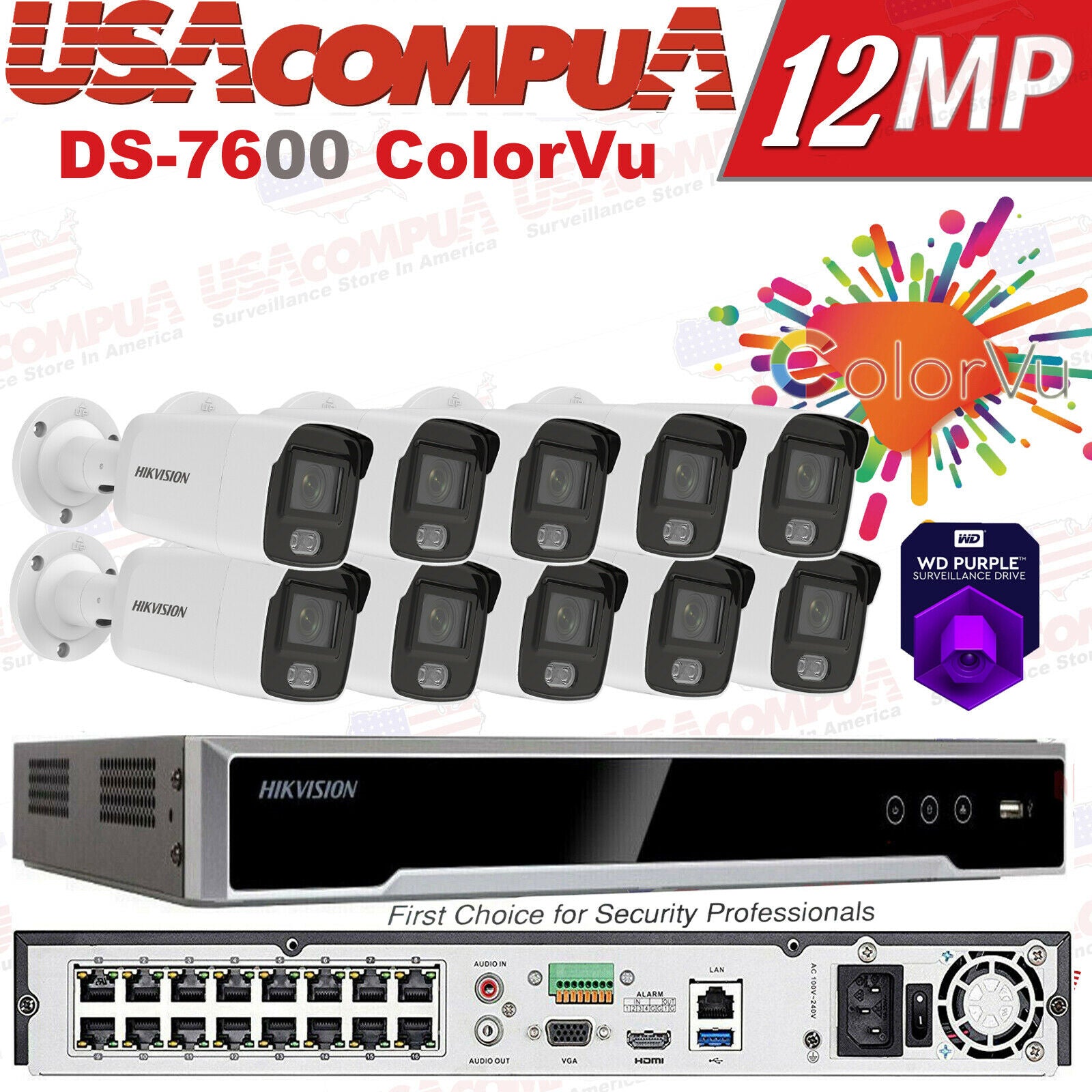 Hikvision 4K 12mp 16CH Security Camera System Bullet 4MP ColorVu W/AUDIO Lot