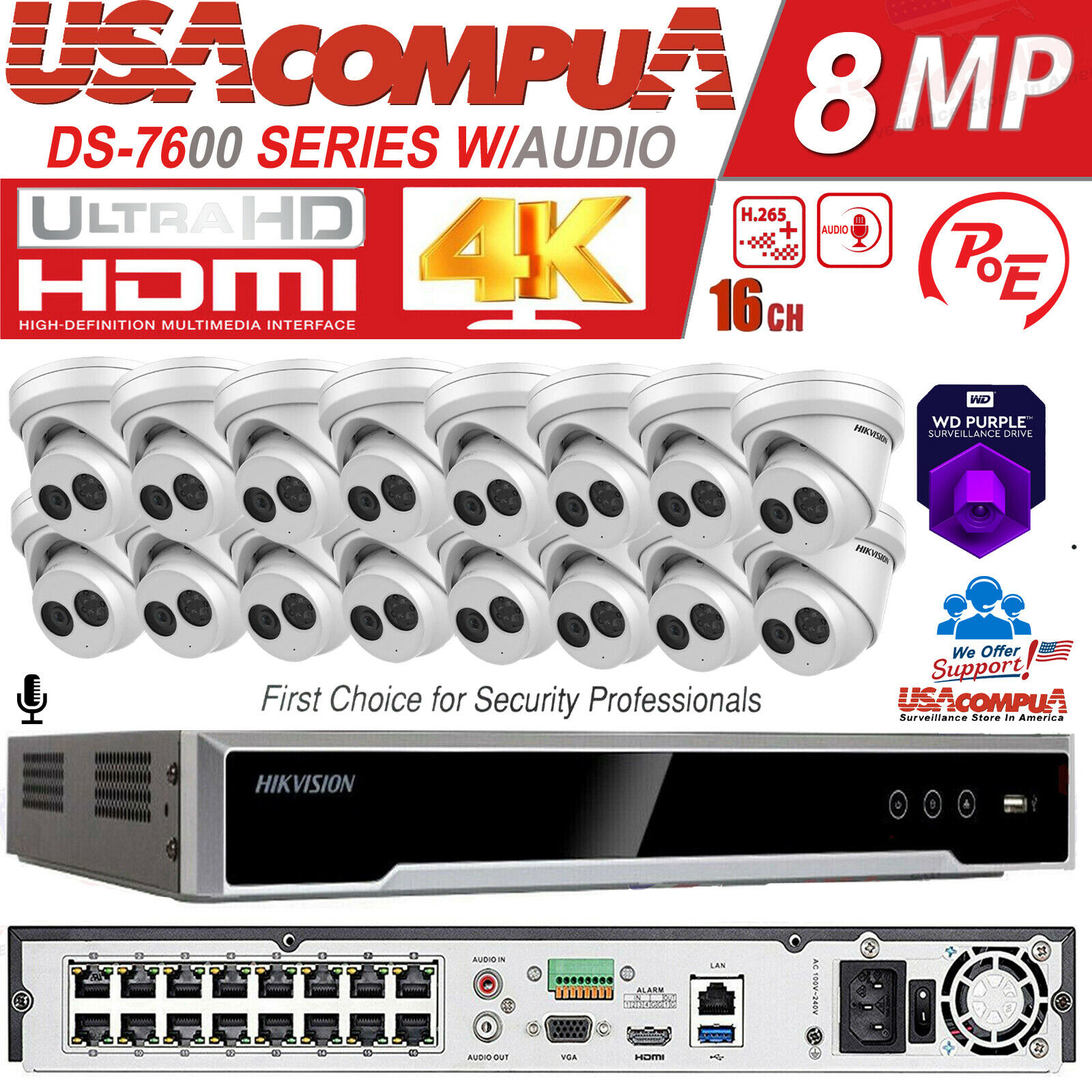 Hikvision 4K 16CH 4MP 16 POE Security Camera System W/Audio DS-2CD2343G0-IU 2TB
