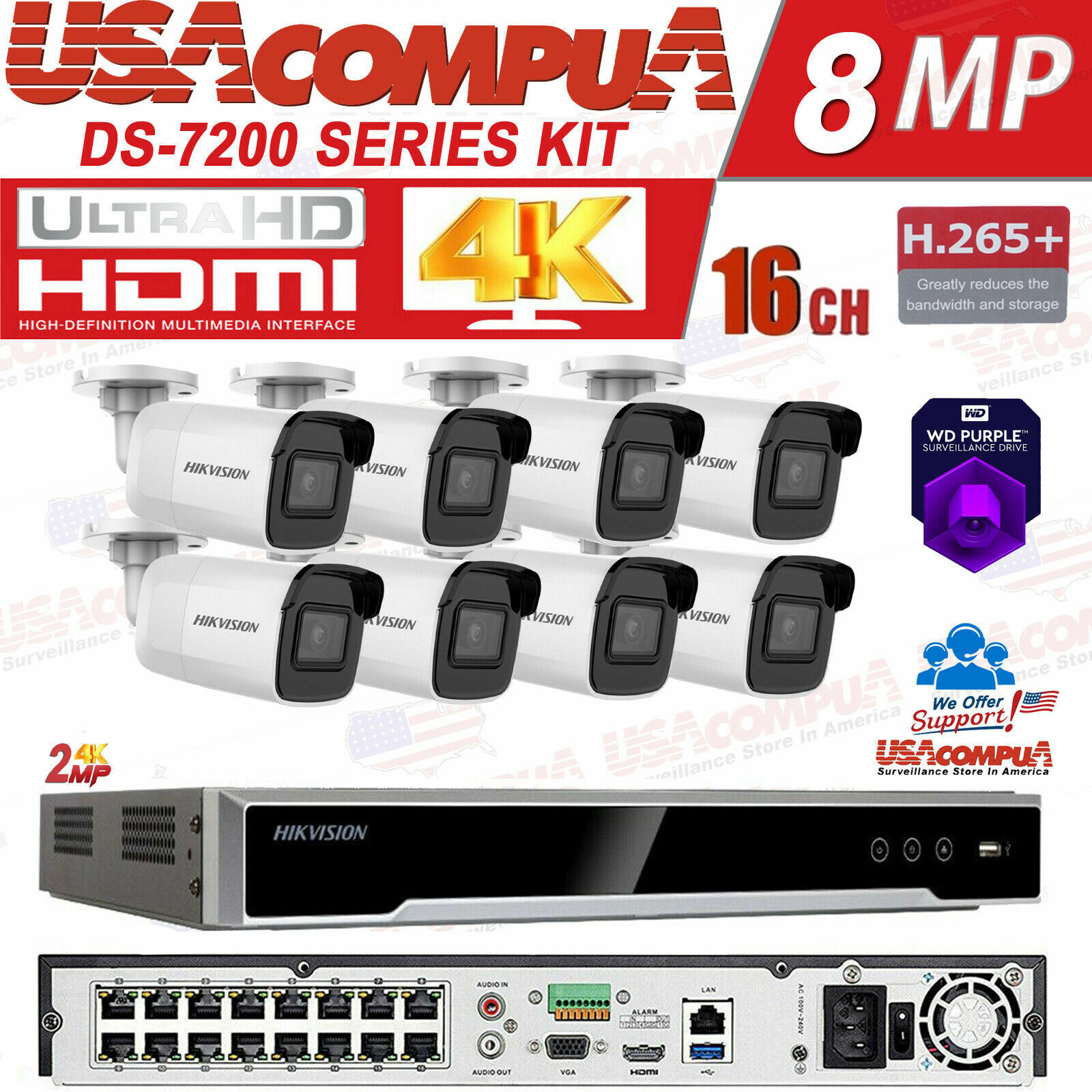 Hikvision 4K Security camera System 2MP 16 channel IP H.265 WDR 2TB PURPLE