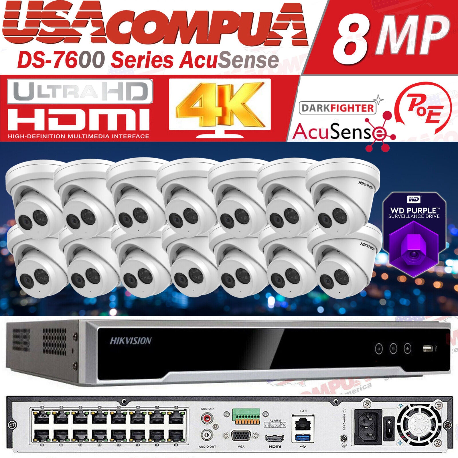 Hikvision NVR 4K 16CH 16POE CCTV System 8MP AcuSense MIC Security IP Camera 4TB