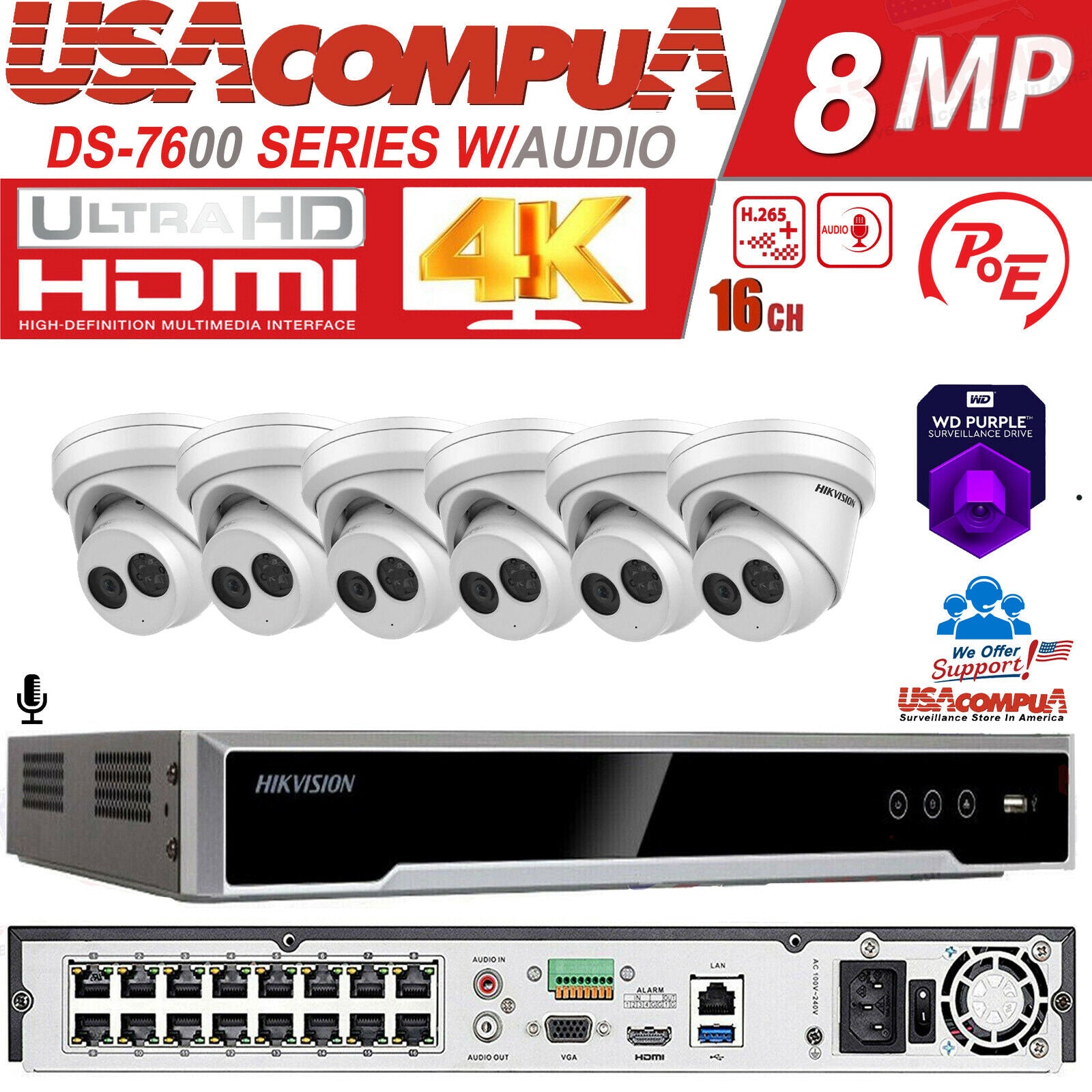 Hikvision 4K 16CH 4MP 16 POE Security Camera System W/Audio DS-2CD2343G0-IU 2TB