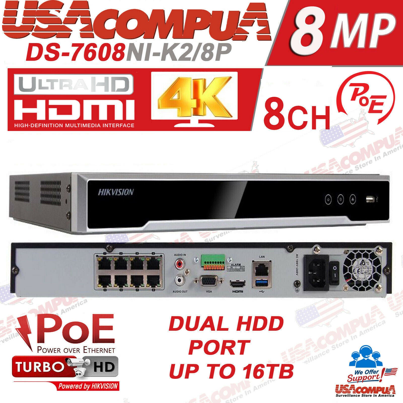 DS-2CD2183G0-I & DS-7616NI-K2 HIKVISION 4K security System Dome 8MP IP Camera