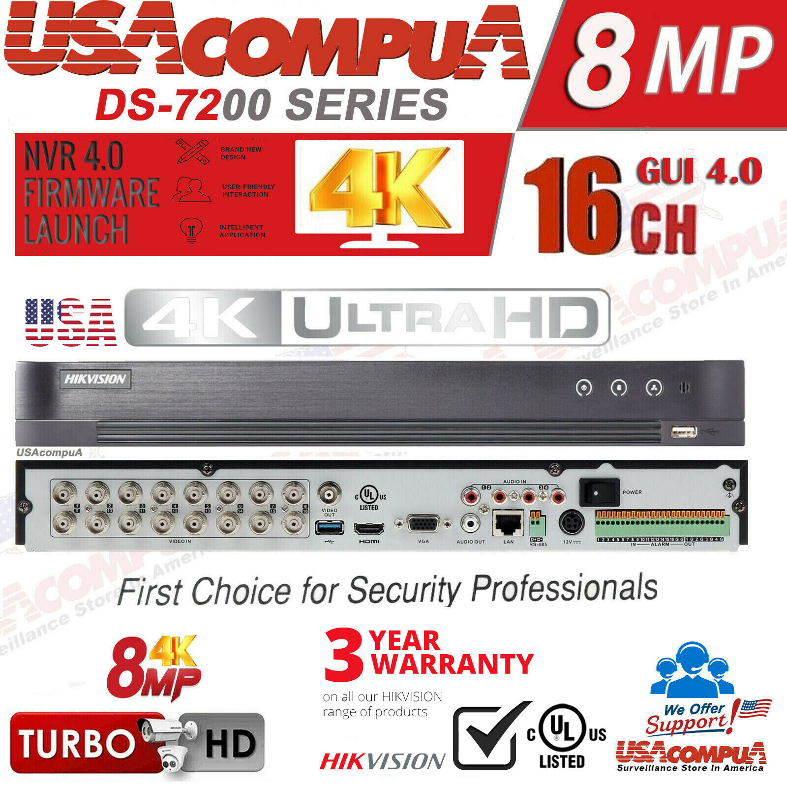 DS-7216HUHI-K2 (UL) HIKVISION 4K 8 MP USA VERSION 16CH H.265+HD-TVI+16CH-IP