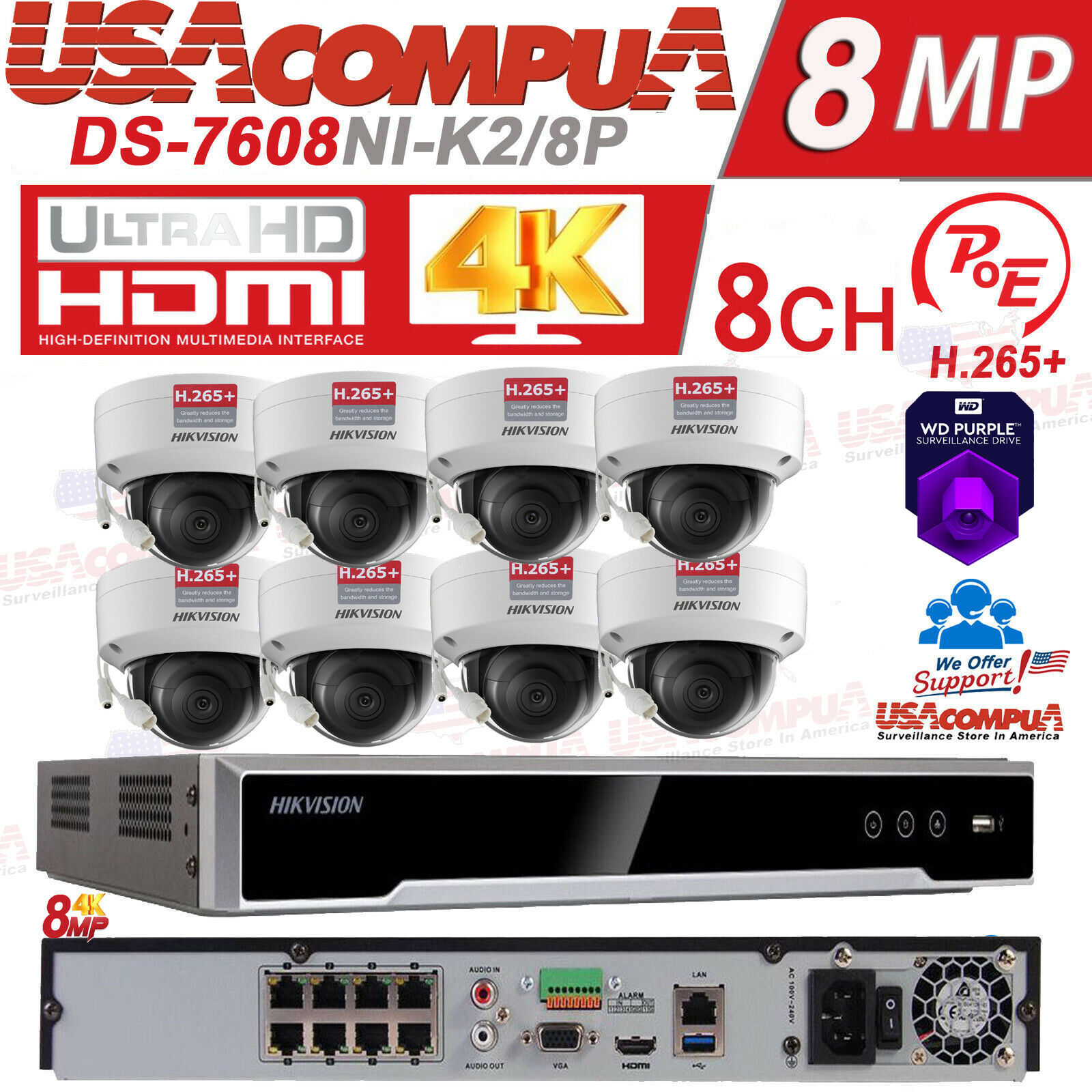 HIKVISION 4K security System CCTV Dome 4MP IP Camera DS-2CD2143G2-I lot
