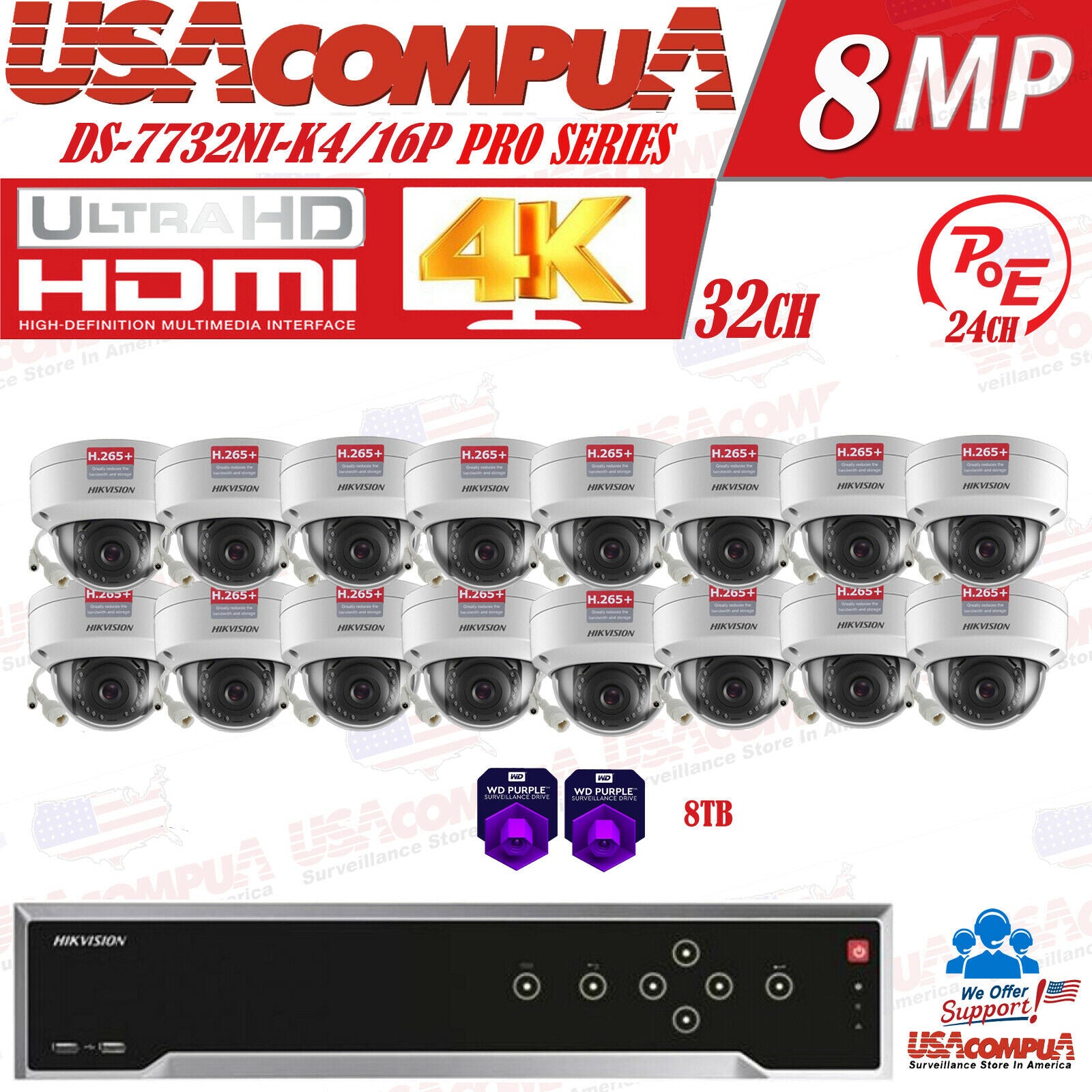 HIKVISION 32CH SECURITY SYSTEM NVR KIT PoE VANDAL PROOF 4 MEGAPIXEL WD PURPLE D1