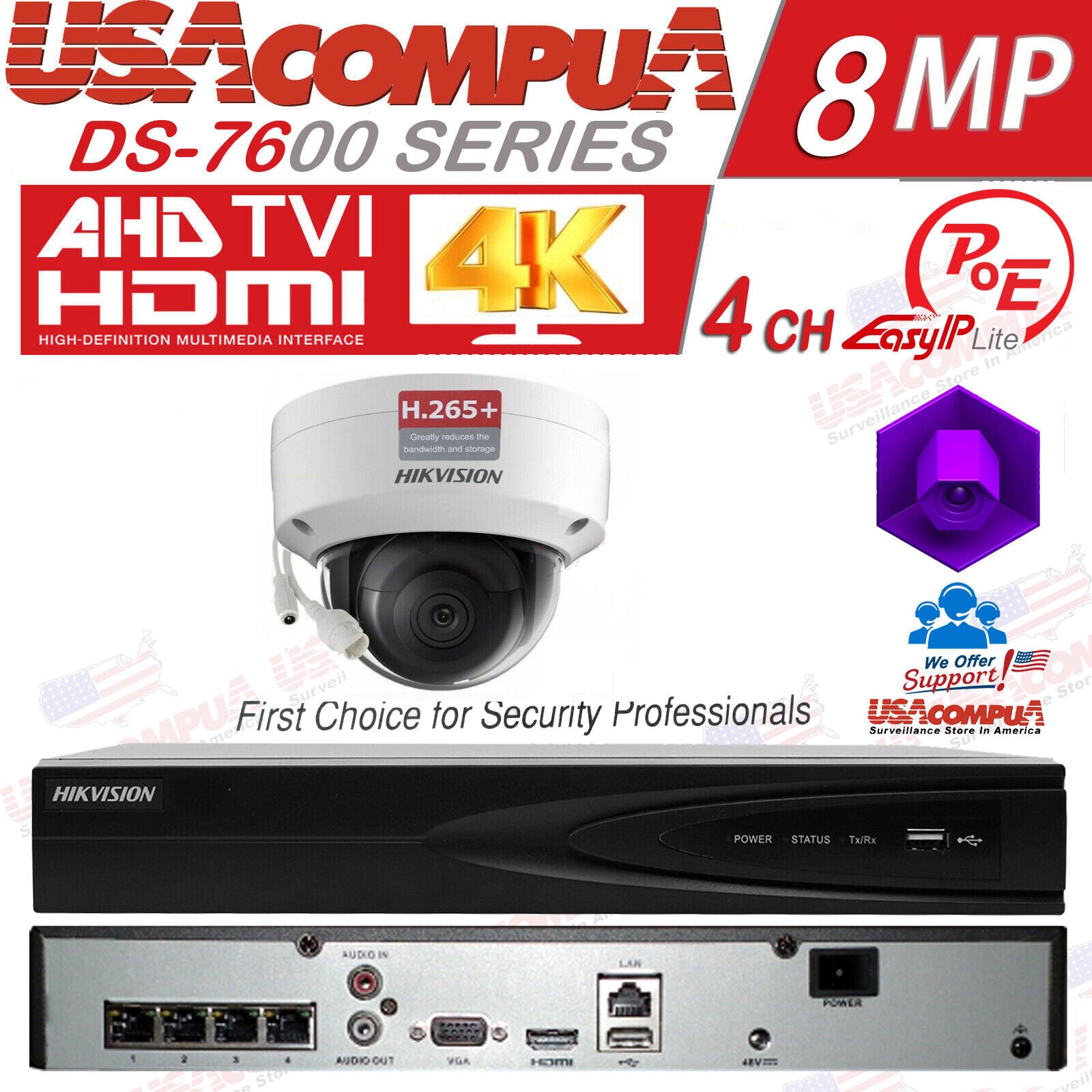 Hikvision 4 Channel 4K 8MP PoE NVR (4)x 4MP IP Dome W audio CCTV Security System
