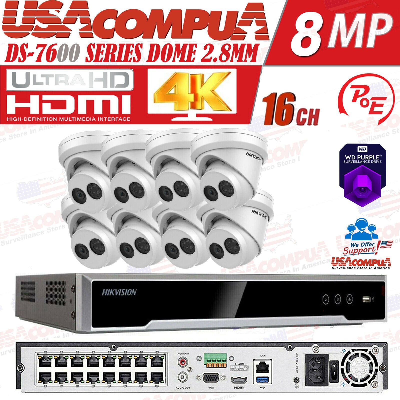 Cámara IP de torreta con micrófono DS-2CD2383G0-IU y NVR de 16 canales y 16 PoE Hikvision DS-7616NI-Q2 de 4 MP