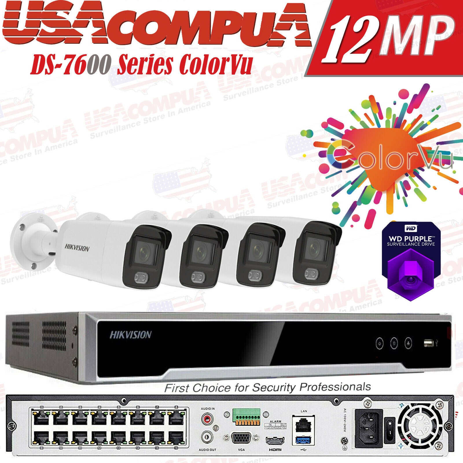 Hikvision 4K 12mp 16CH Security Camera System Bullet 4MP ColorVu W/AUDIO Lot