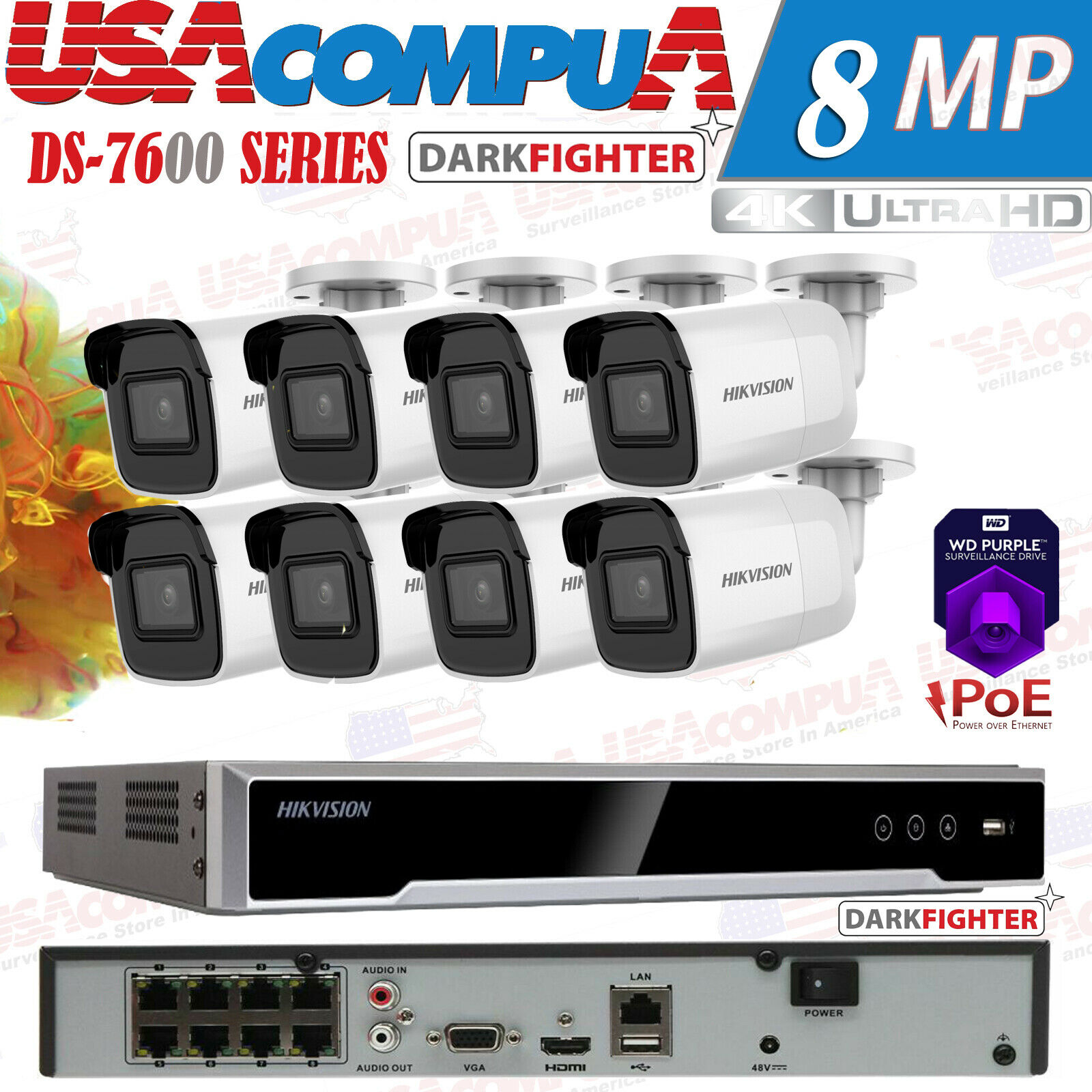 HIKVISION 8MP POE SECURITY SYSTEM KIT BULLET DARKFIGTER H.265+ WD HDD PURPLE