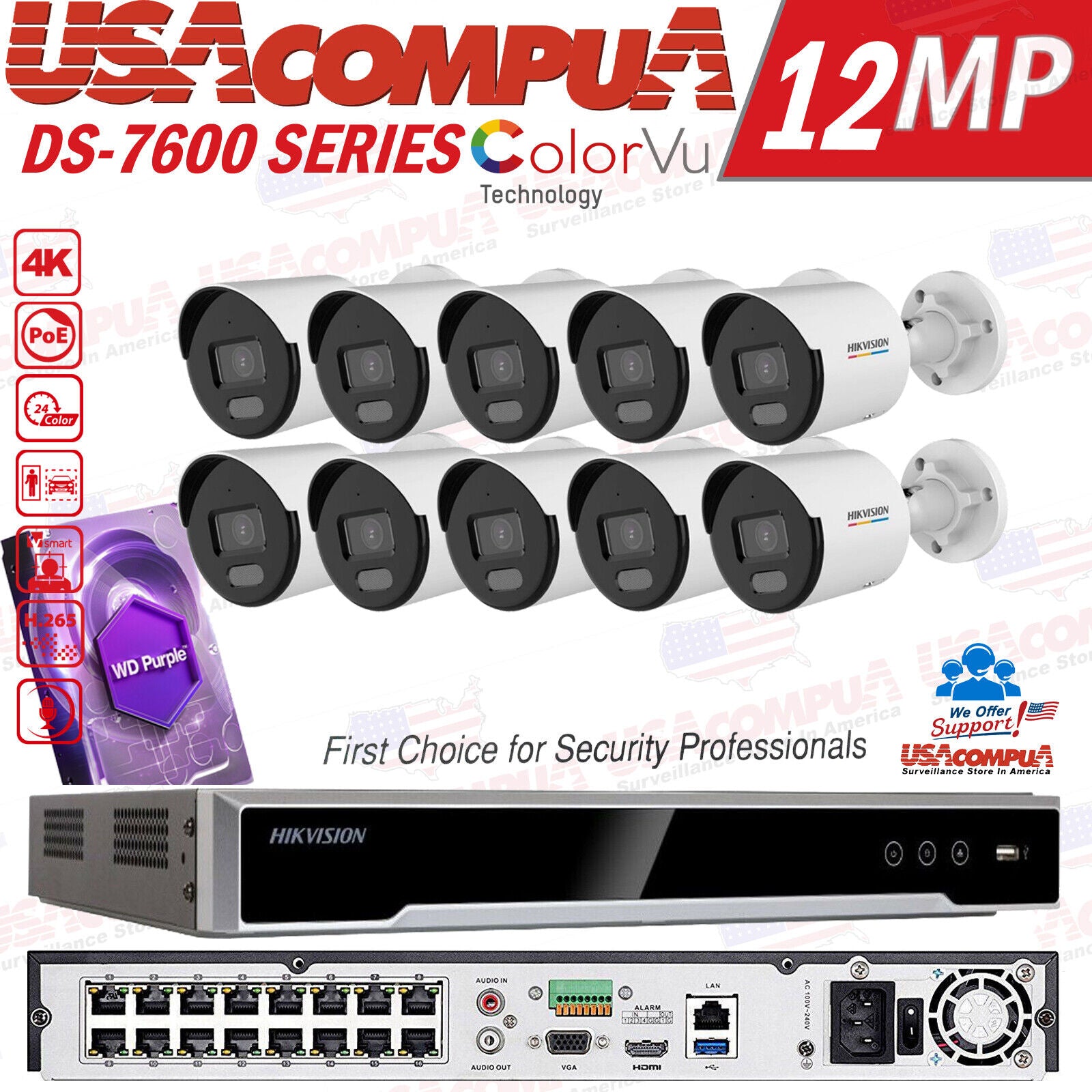 Hikvision 16CH 12MP Security Camera System CCTV 4TB 4MP Bullet ColorVu W/Audio