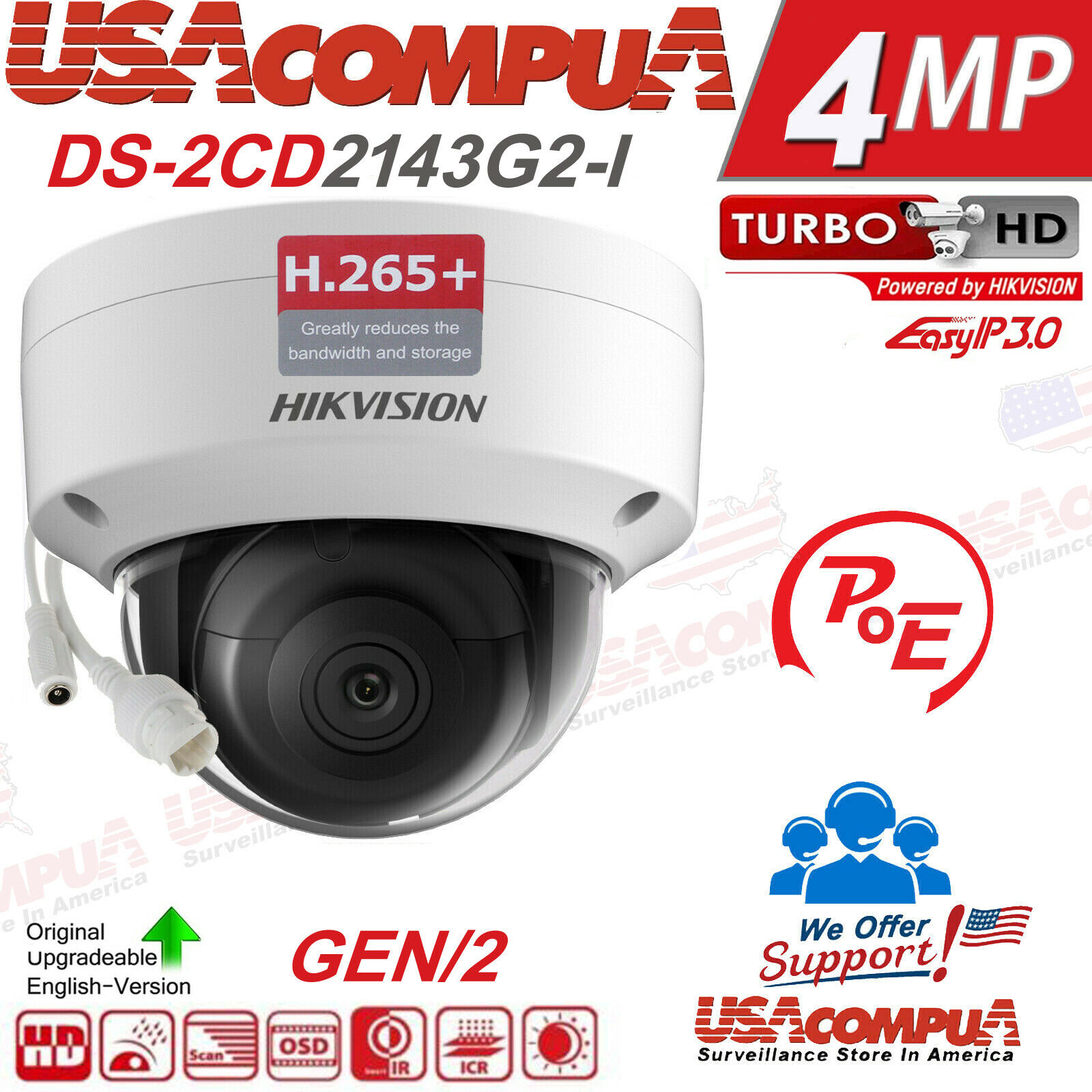 Hikvision DS-2CD2143G2-I 4MP AcuSense Dome Camera with Smart Detection, IR & PoE