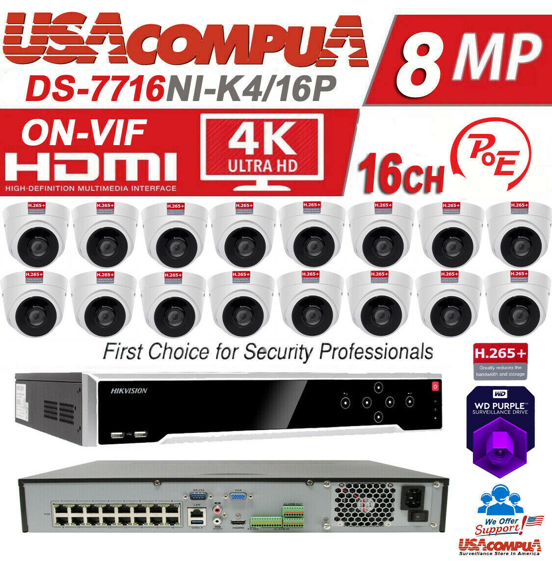 Hikvision NVR KIT 16CH DS-7716NI-K4/16P DS-2CD1343G0-I 4MP MEGAPIXEL