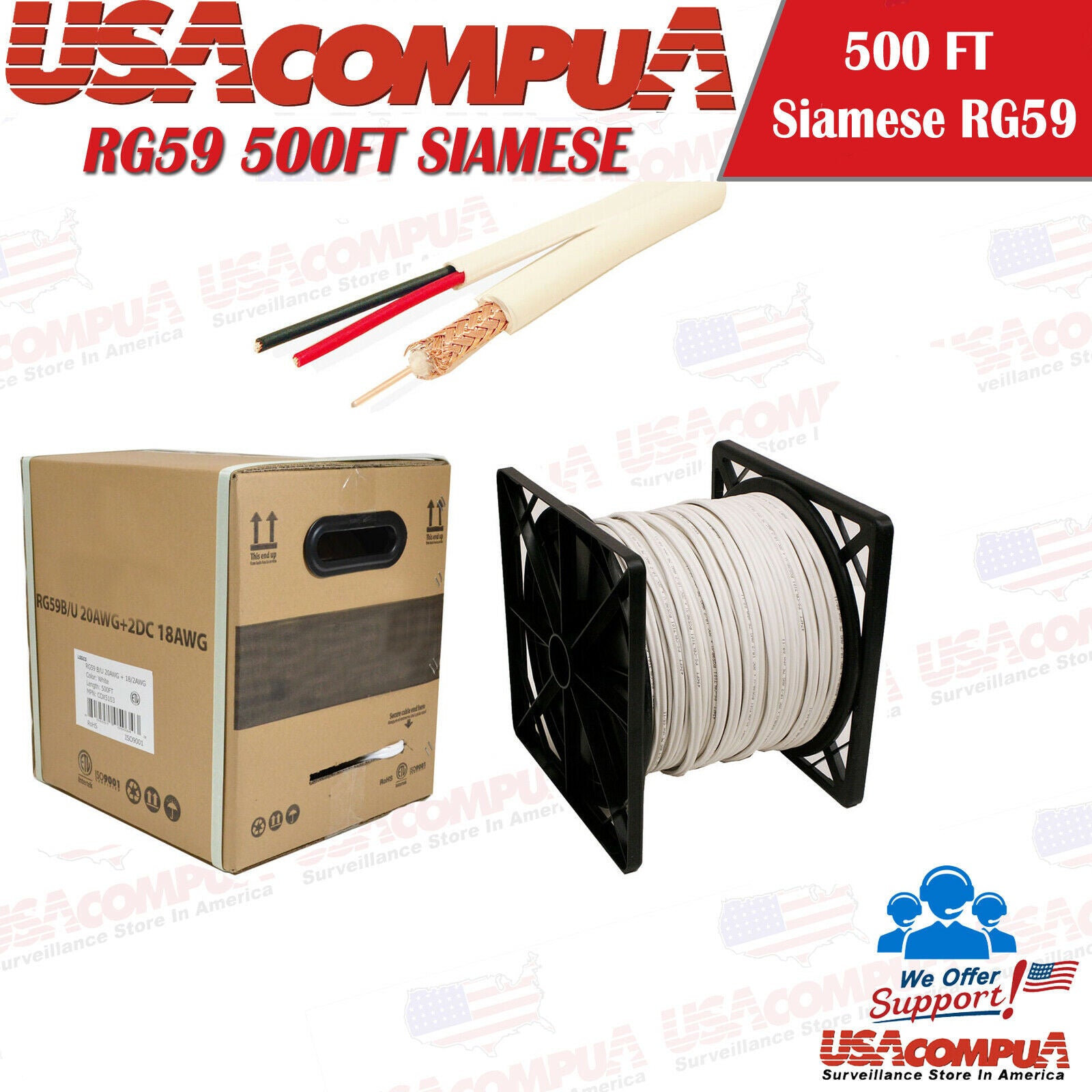 500FT RG-59 CCTV Siamese Cable 18/2AWG Wire WHITE