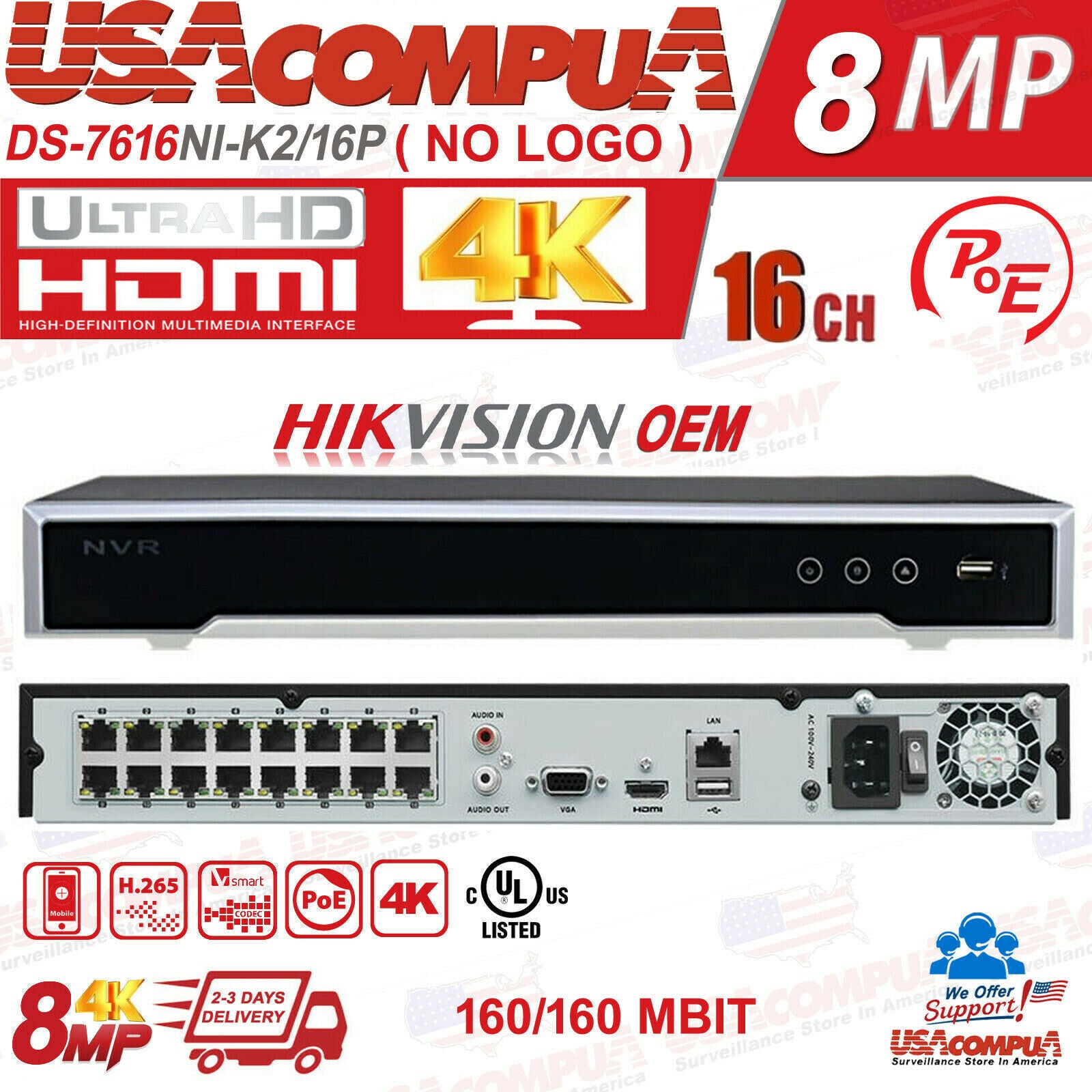 HIKVISION OEM NVR 16CH 16 POE 4K Channel security H.265 DS-7616NI-K2/16P (UL)