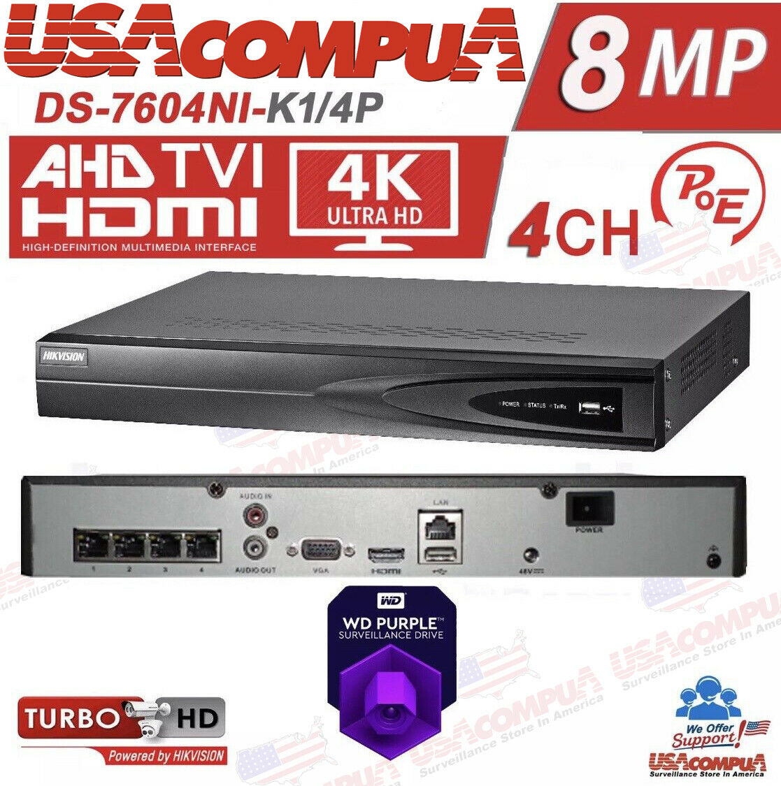 Hikvision 4CH 4PoE NVR 4K 4MP PTZ 4X Digital Zoom Security IP ColorVu Camera Lot
