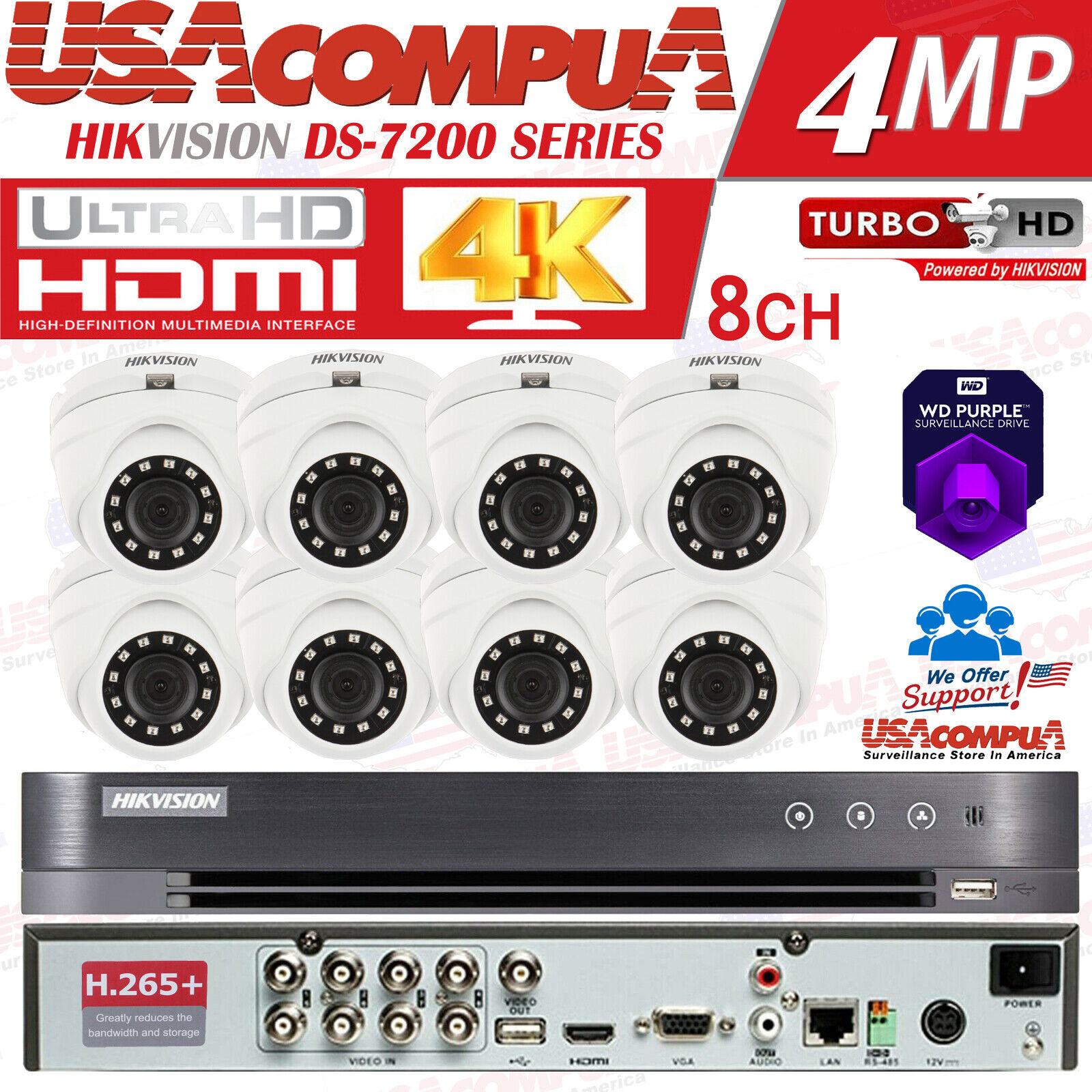 HIKVISION KIT DS- 7208HGHI-F1 1080P H264+ 1TB 8 CAMERAS VANDAL PROOF HD DOME