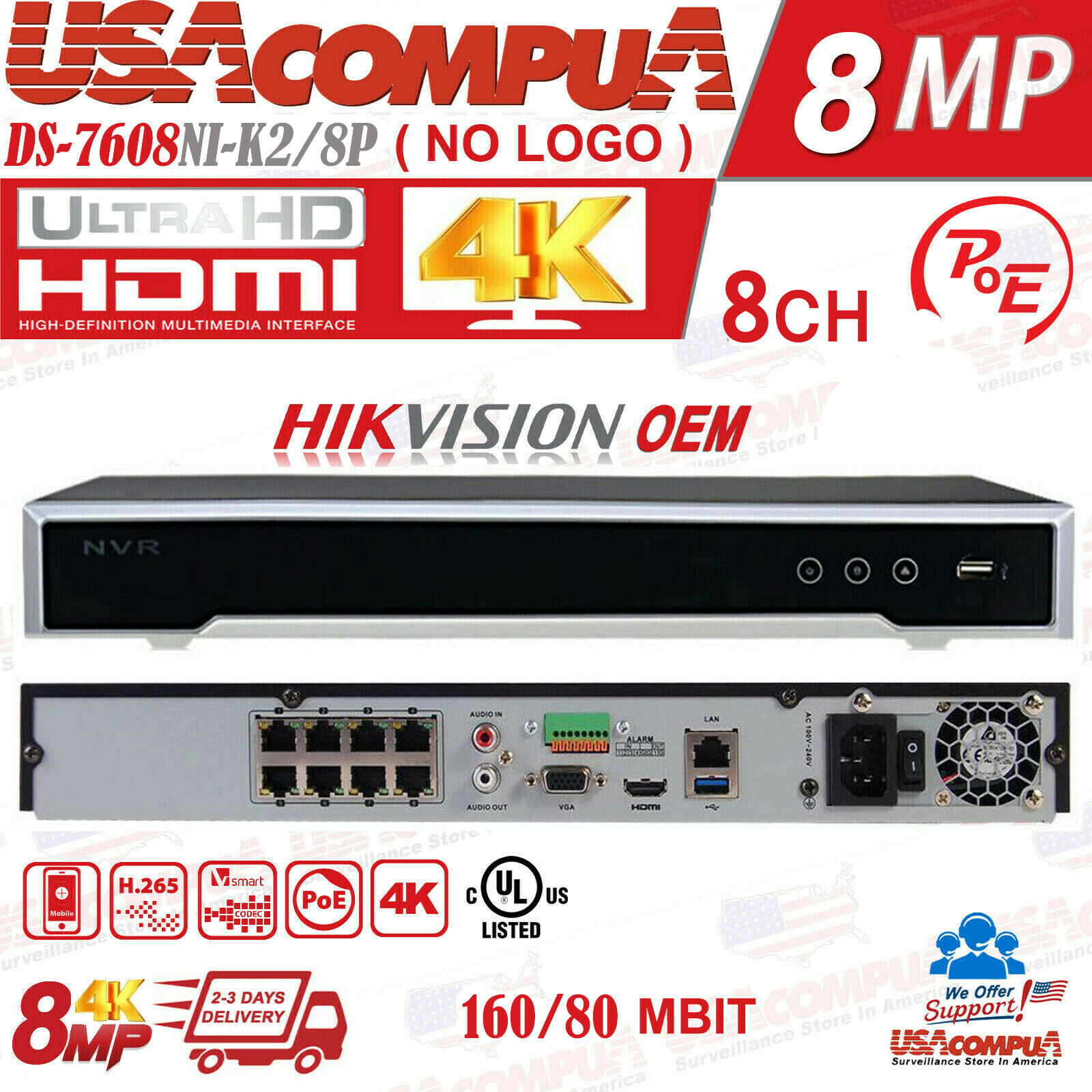 DS-7608NI-K2/8P  HIKVISION NVR 8CH 8 POE 4K Channel security H.265