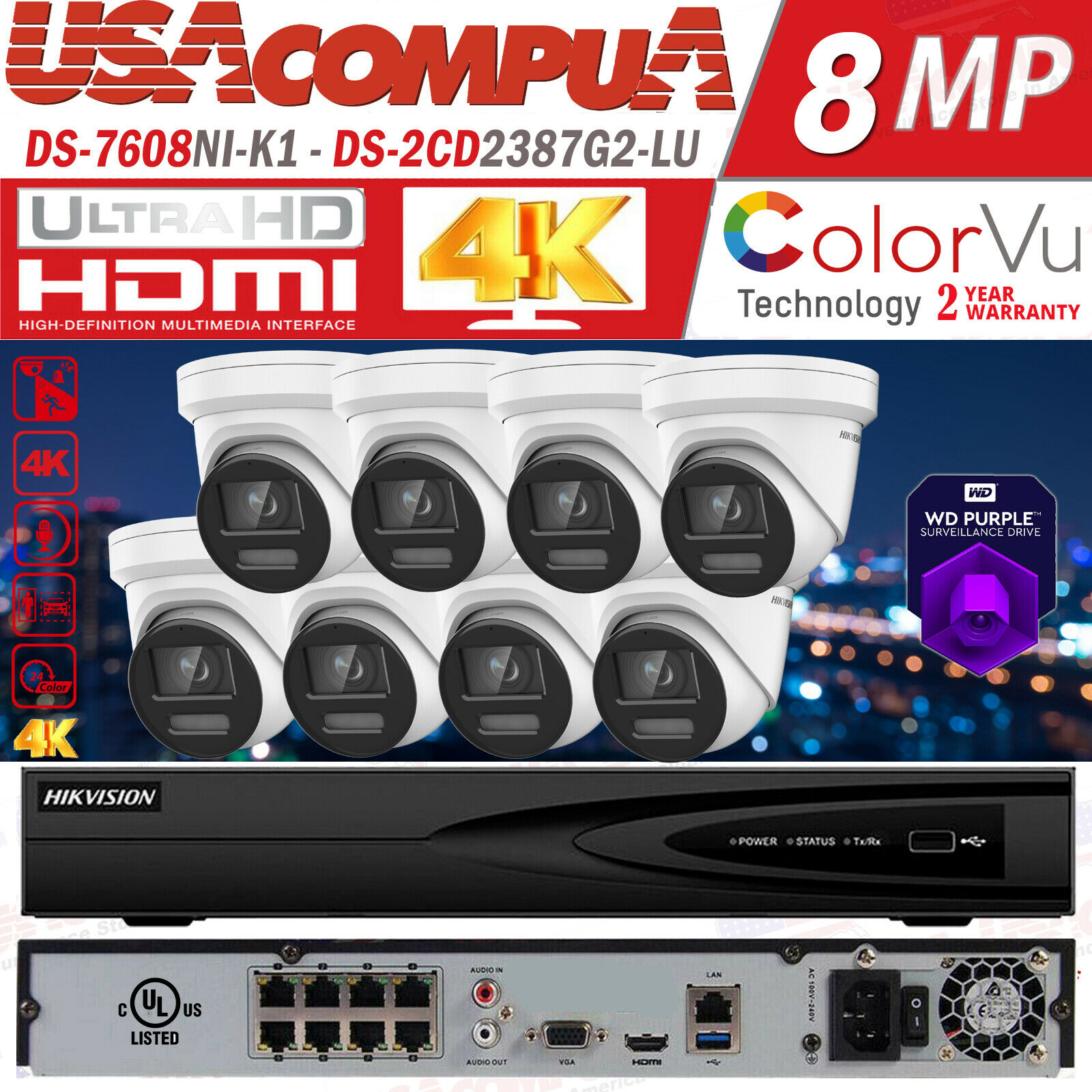 Hikvision 4K 8CH Security Camera System POE CCTV 8 MEGAPIXEL ColorVu W/Audio G2