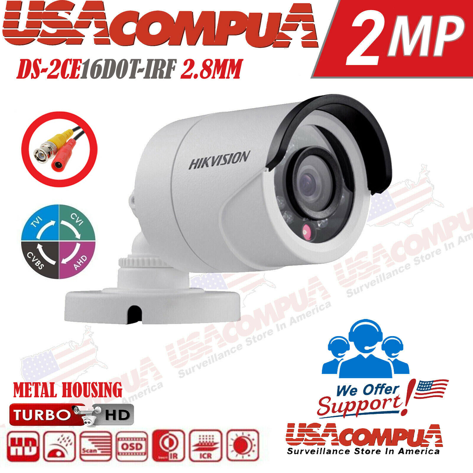 HIKVISION 2MP CAMERA DS-2CE16D0T-IRF ADH-TVI-CVI-CVBS 2.8mm 20m IR IP66 ORIGINAL