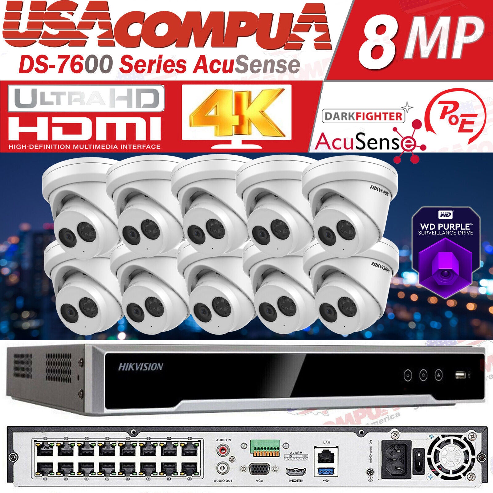 Hikvision NVR 4K 16CH 16POE CCTV System 8MP AcuSense MIC Security IP Camera 4TB