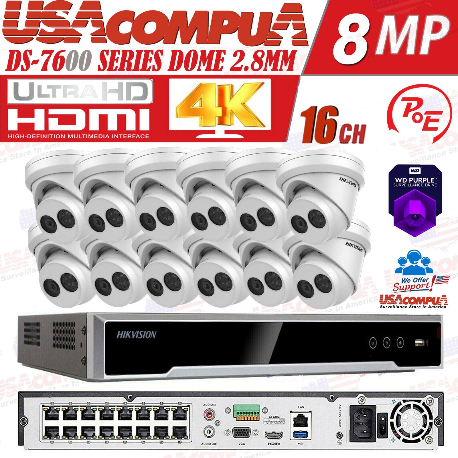 Cámara IP de torreta con micrófono DS-2CD2383G0-IU y NVR de 16 canales y 16 PoE Hikvision DS-7616NI-Q2 de 4 MP