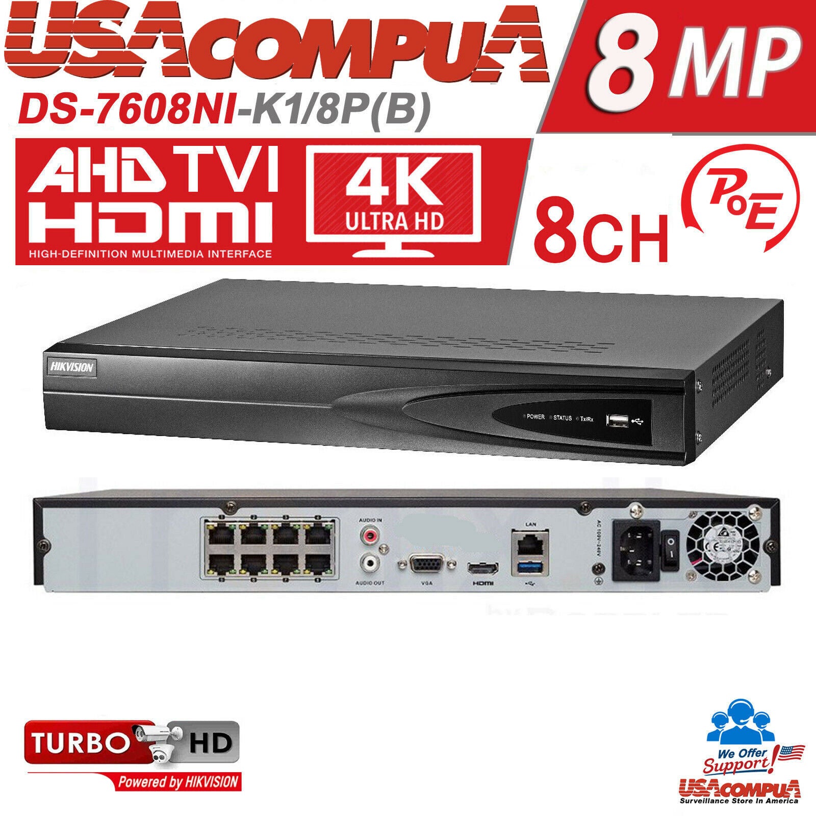 DS-2CD1123G0-I & DS-7608NI-K1/4P HIKVISION 2MP 8CH IP Camera Security System