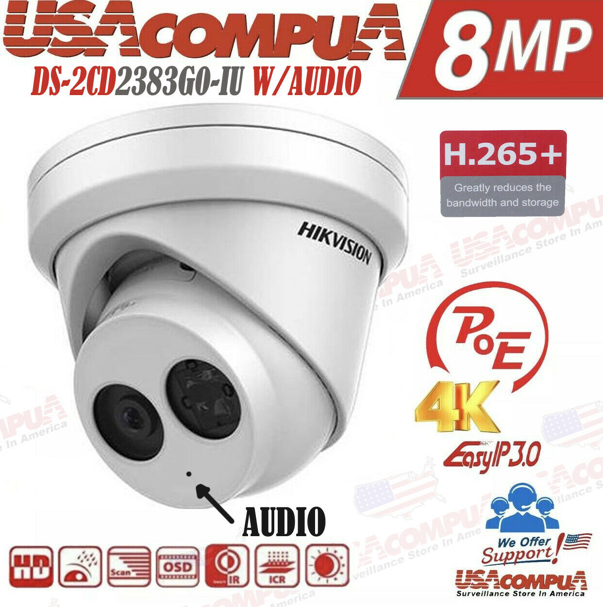 Hikvision Security Camera System NVR 8Ch 4K 12 Megapixel PoE 8MP Turret W audio