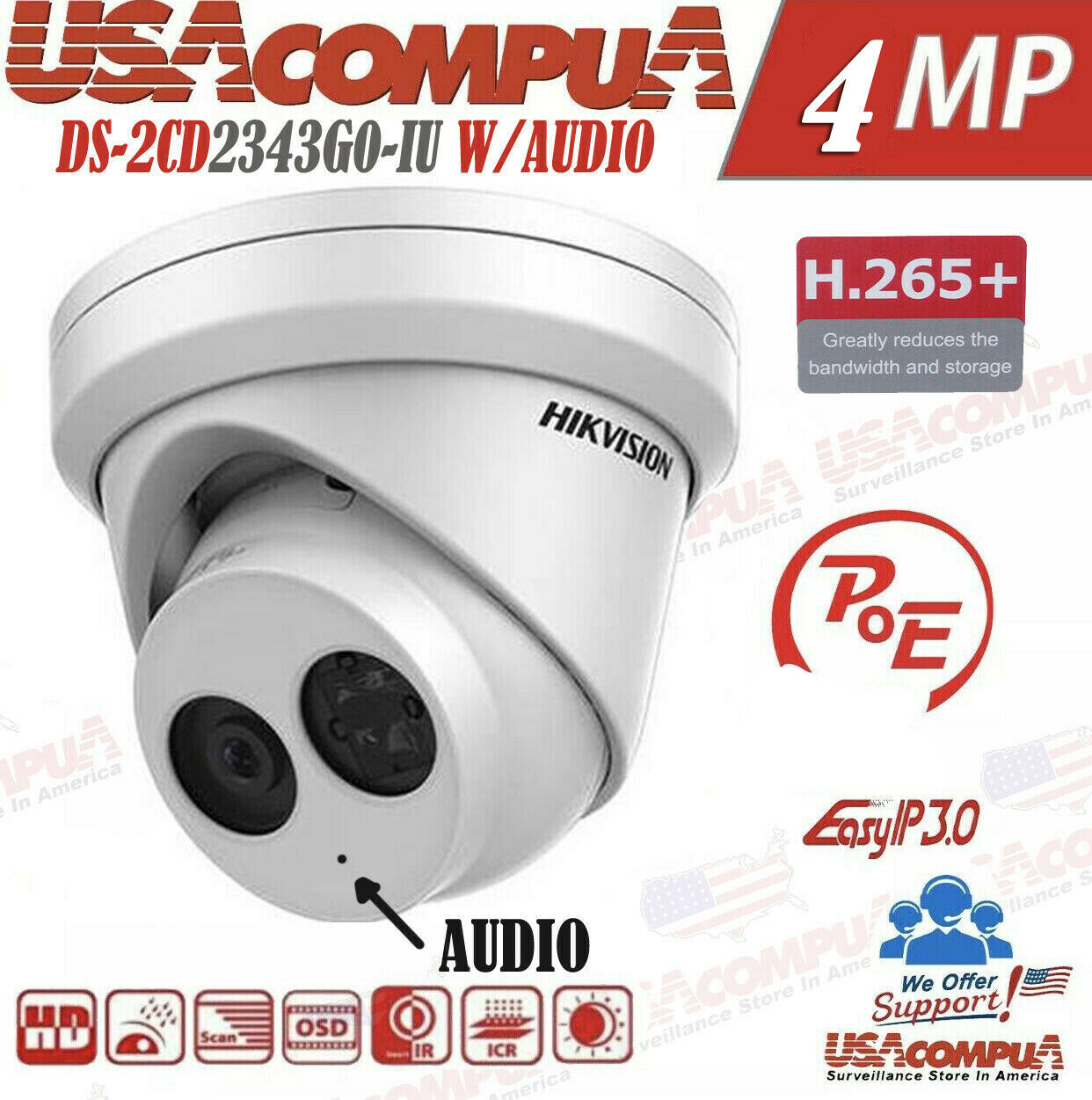 Hikvision 4K 16CH 4MP 16 POE Security Camera System W/Audio DS-2CD2343G0-IU 2TB