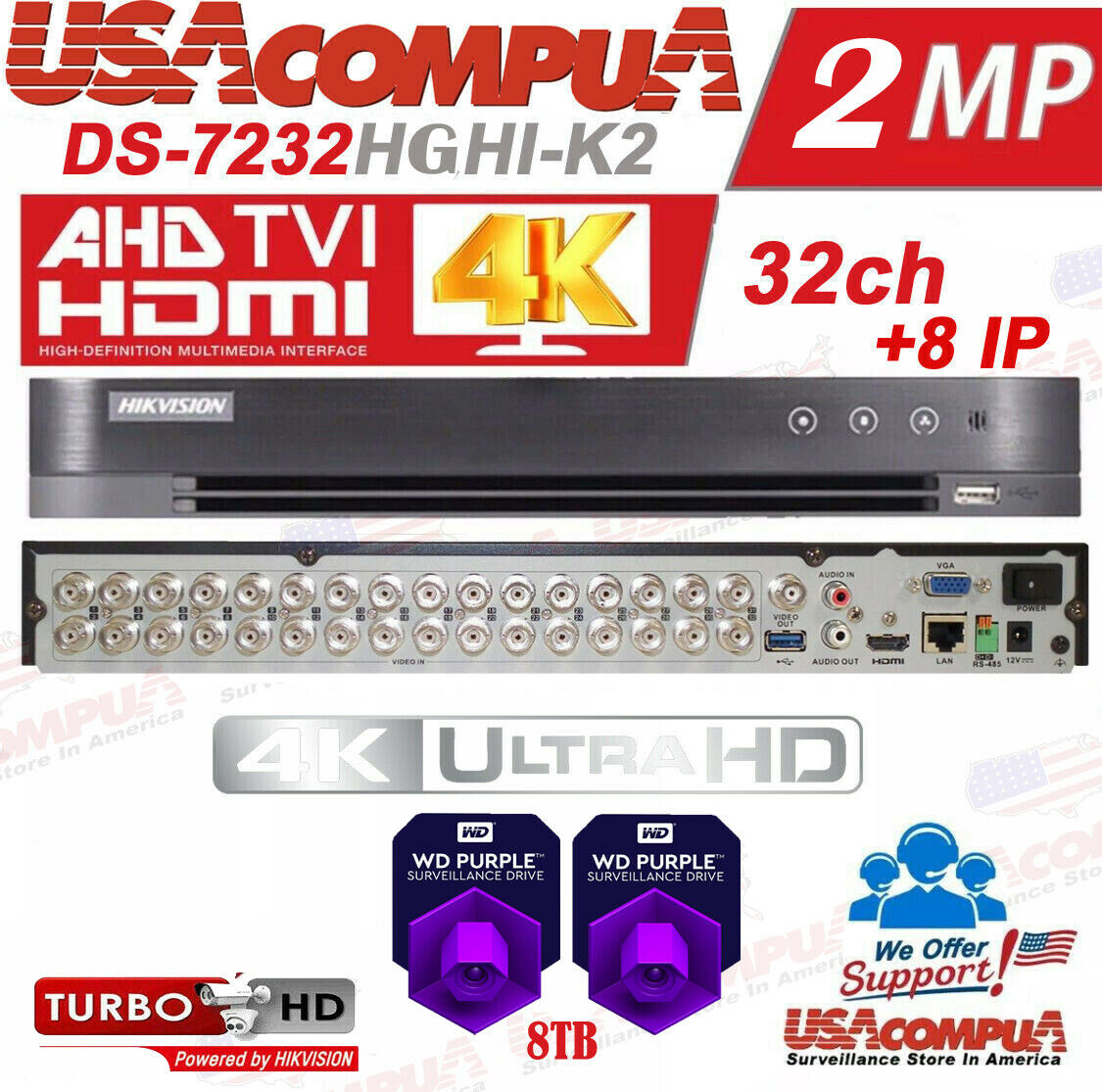 Hikvision 32 CH DVR DS-7232HGHI-K2 7200 Series TurboHD Tribrid (OPTIONAL HDD)