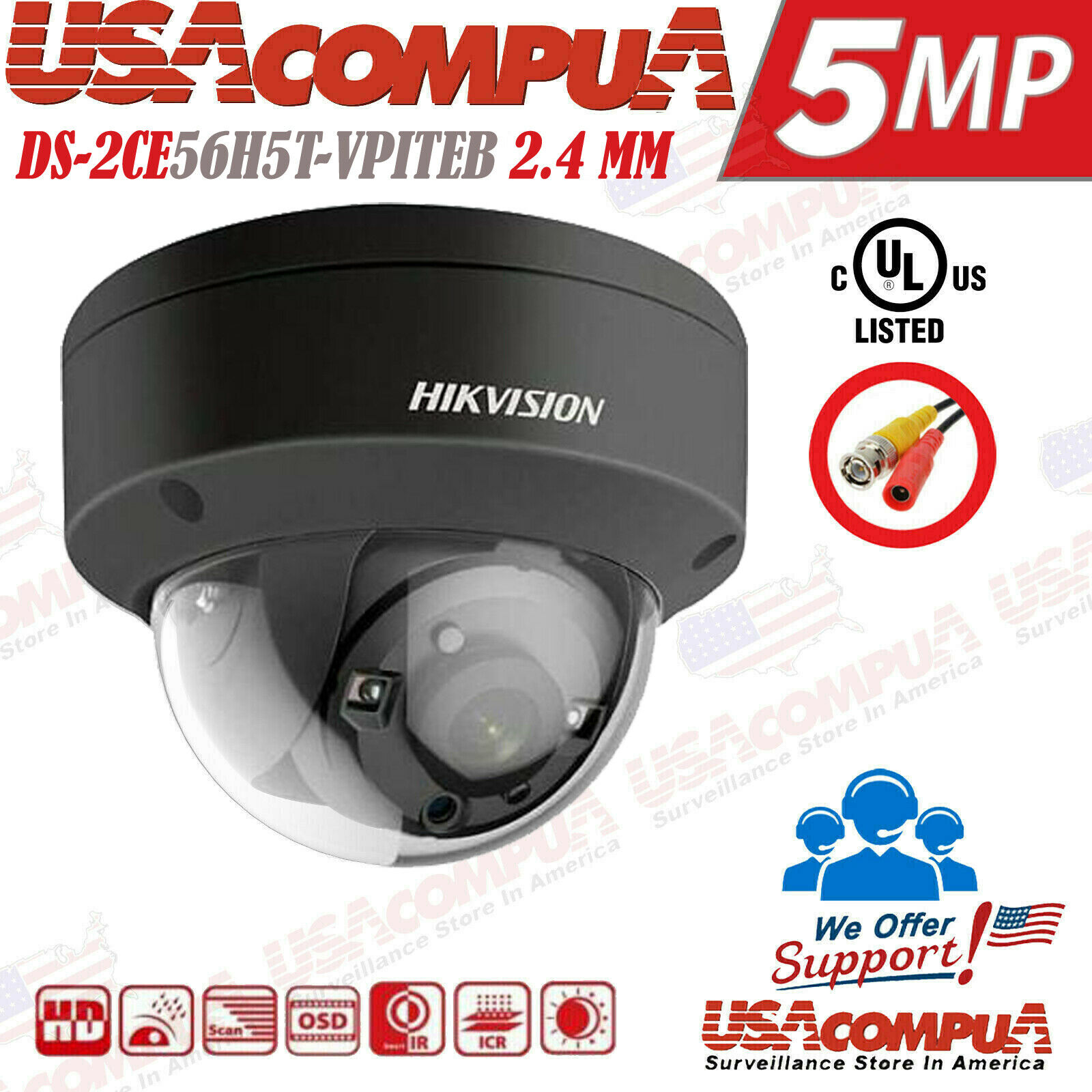 Hikvision 5MP CAMERA WDR VANDAL PROOF DS-2CE56H5T-VPITEB EXIR US 2.8mm