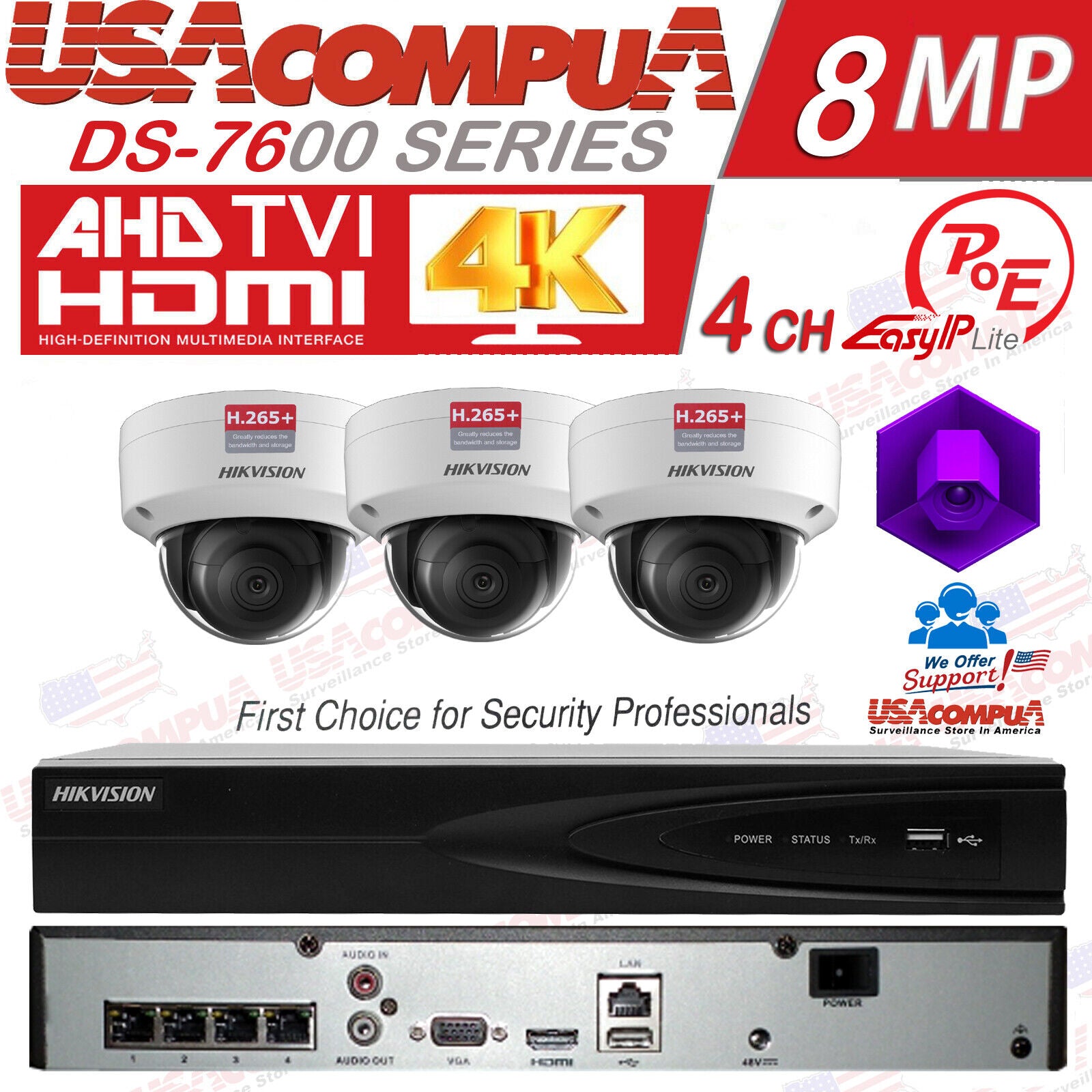 Hikvision 4 Channel 4K 8MP PoE NVR (4)x 4MP IP Dome W audio CCTV Security System