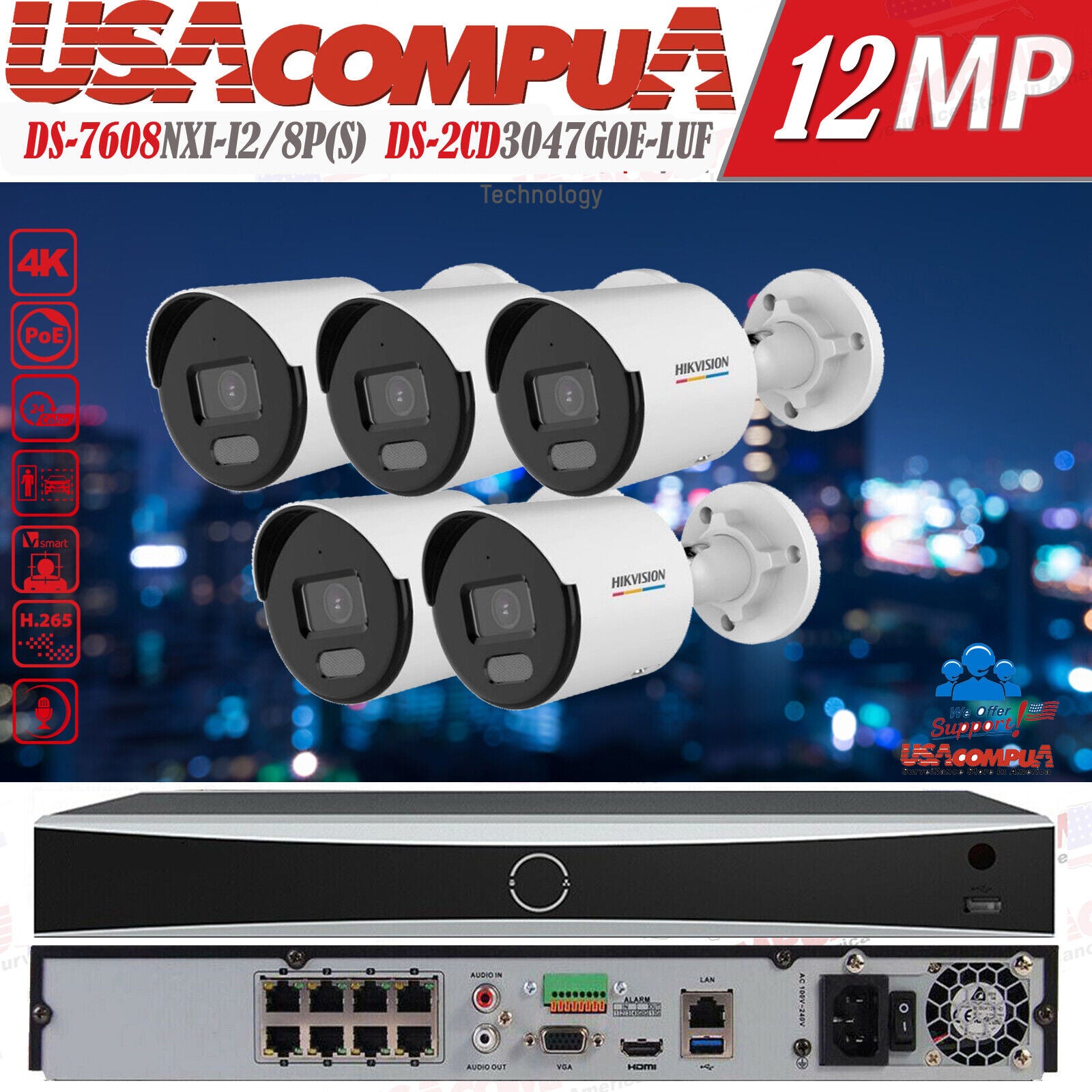 Hikvision 4K 8CH AcuSense Security Camera System 4MP Darkfigther Bullet W/Audio