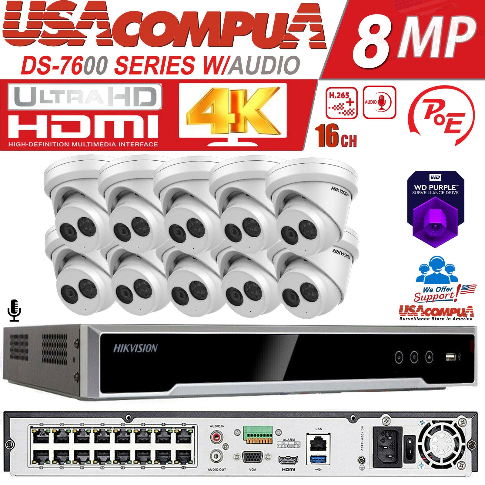 Hikvision 4K 16CH 4MP 16 POE Security Camera System W/Audio DS-2CD2343G0-IU 2TB