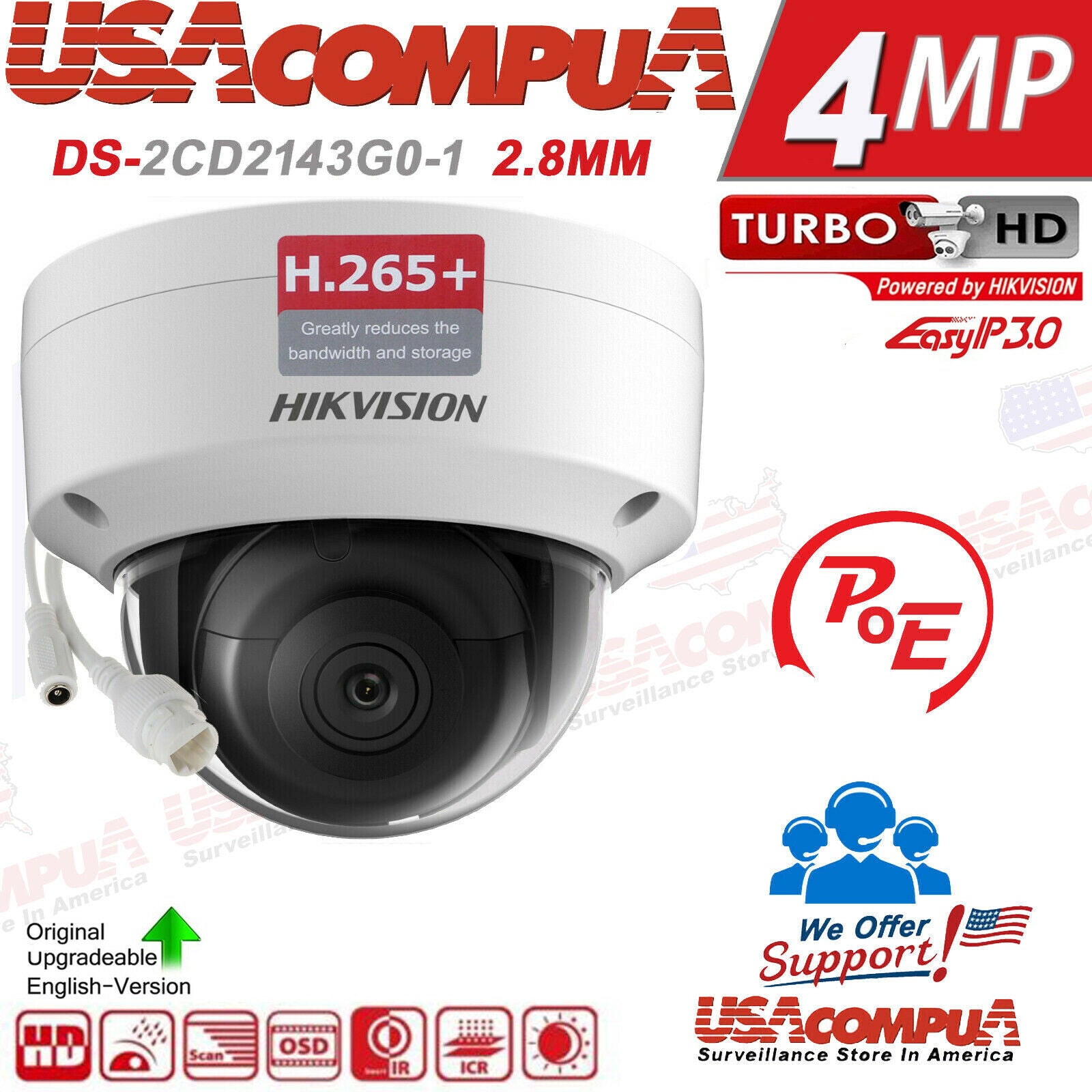 Hikvision 4 Channel 4K 8MP PoE NVR (4)x 4MP IP Dome W audio CCTV Security System