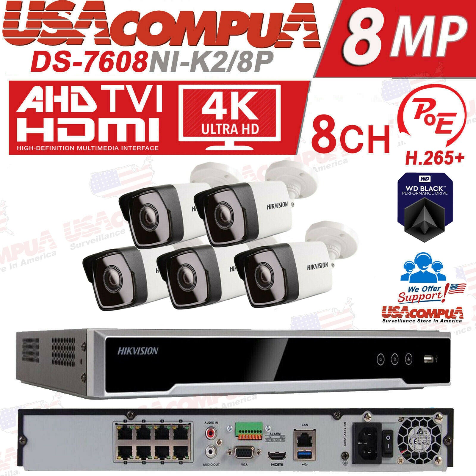 Hikvision DS-2CD1043G0-I & DS-7608NI-K2 8CH SECURITY SYSTEM POE BULLET 4MP IPV67