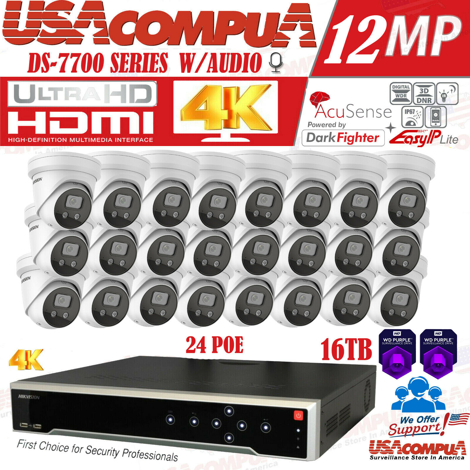 HIKVISION 4K 32CH 8MP security 24 ip Camera Darkfighter Acusense CCTV System