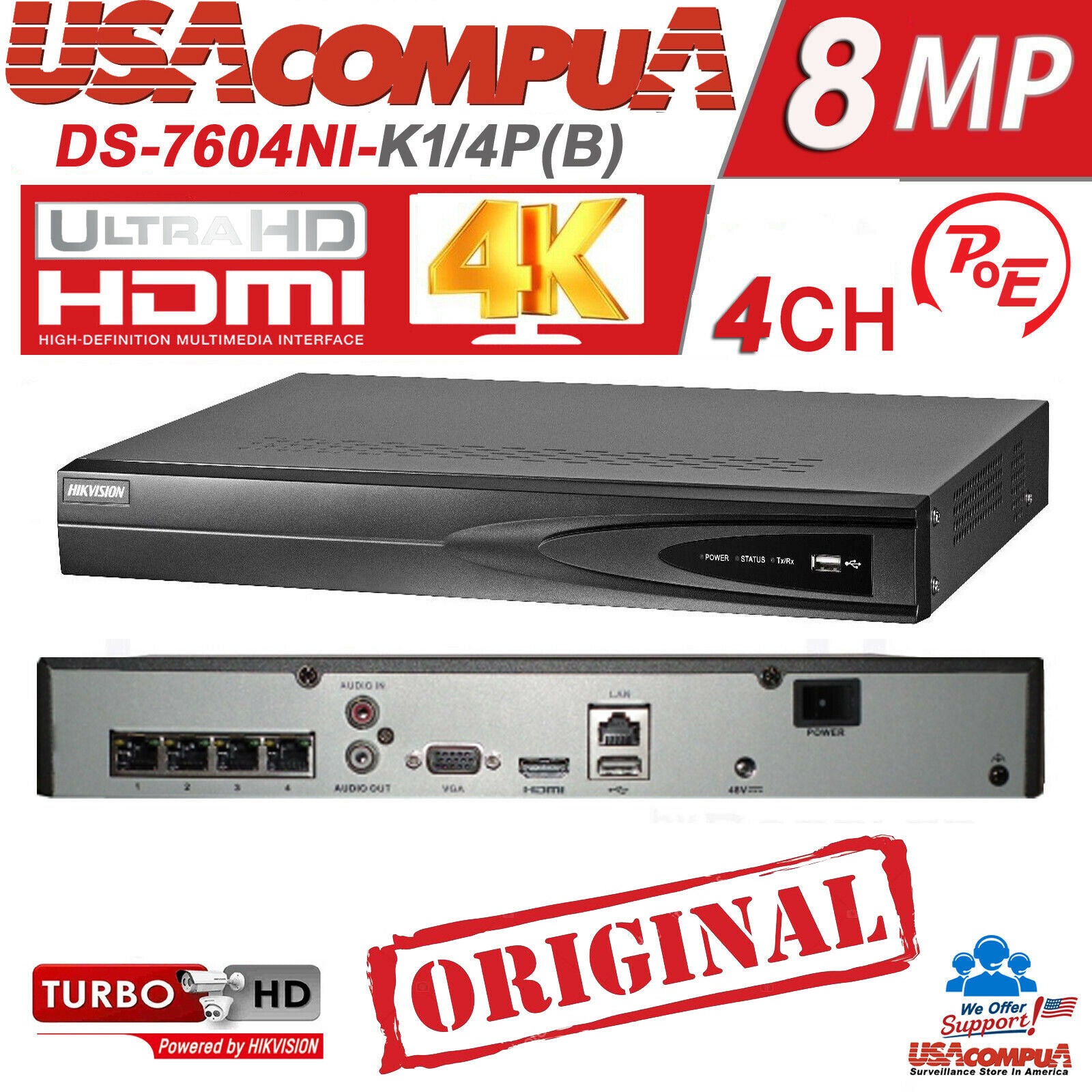 Hikvision 4 Channel 4K 8MP PoE NVR (4)x 4MP IP Dome W audio CCTV Security System