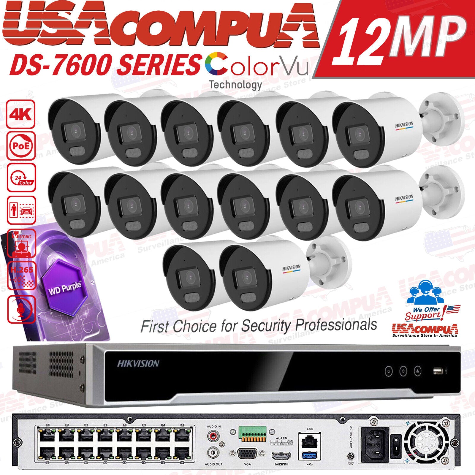 Hikvision 16CH 12MP Security Camera System CCTV 4TB 4MP Bullet ColorVu W/Audio