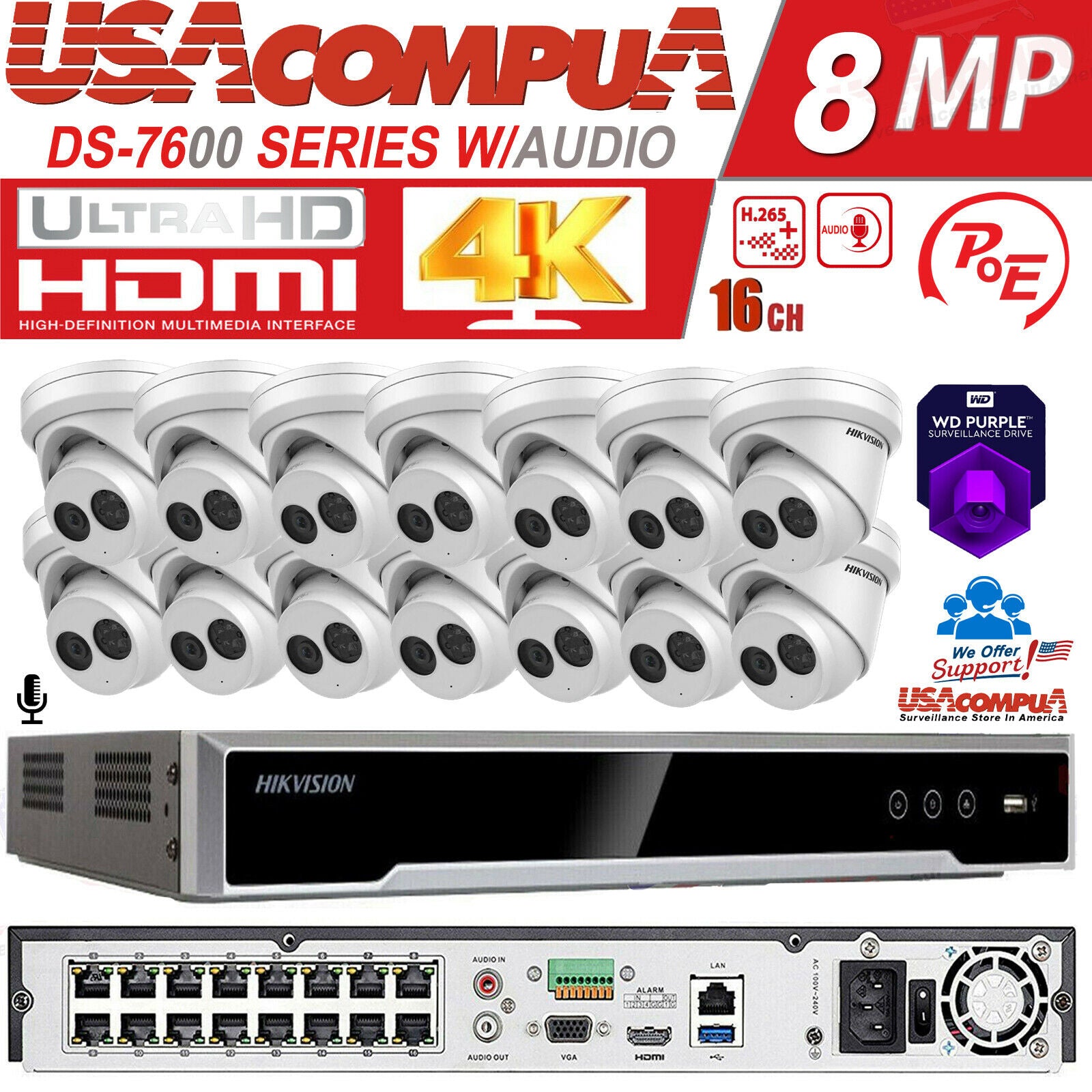 Hikvision 4K 16CH 4MP 16 POE Security Camera System W/Audio DS-2CD2343G0-IU 2TB