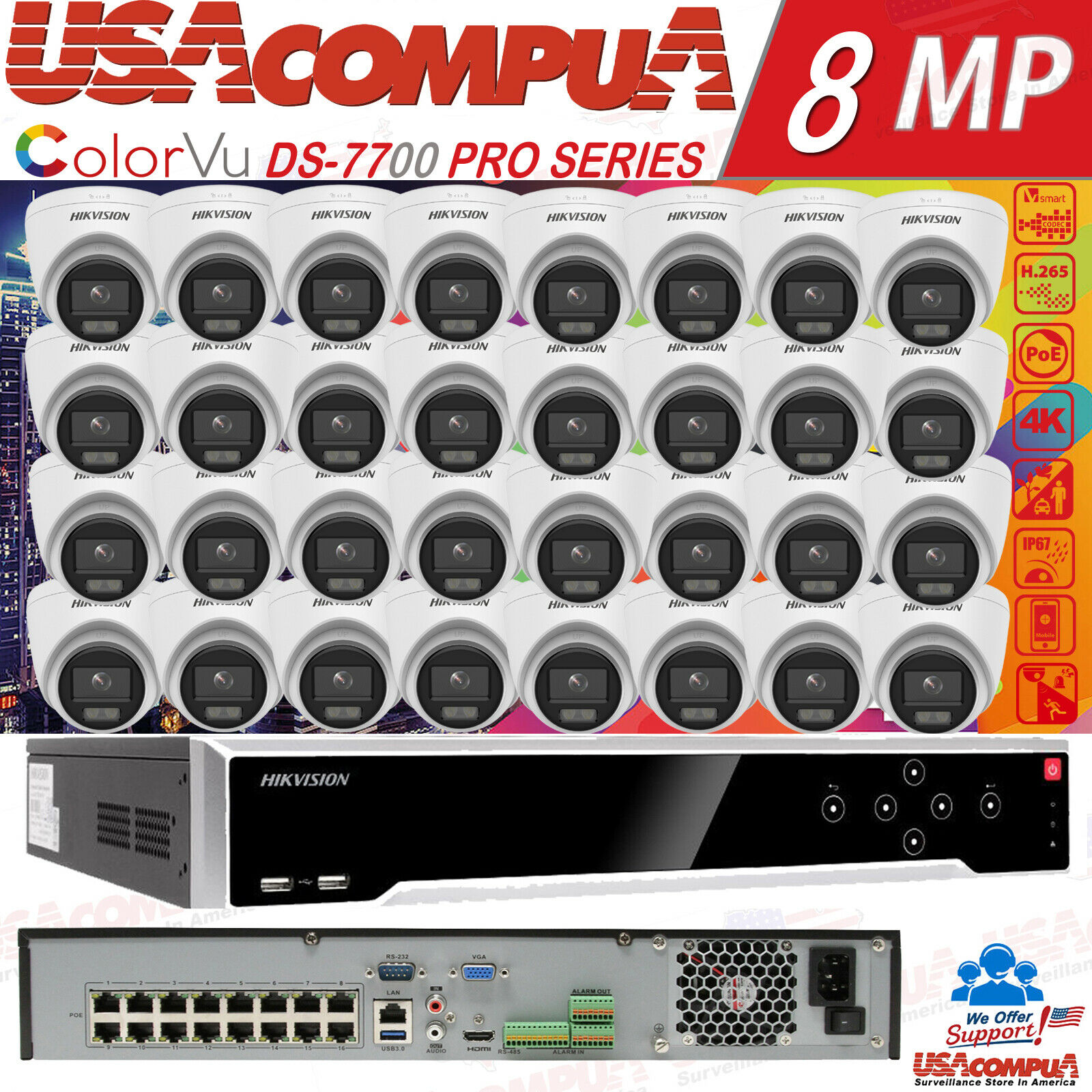 Hikvision 2MP 32CH 4K NVR System DS-2CD1327G0-L & DS-7732NI-K4/16P KIT/LOT