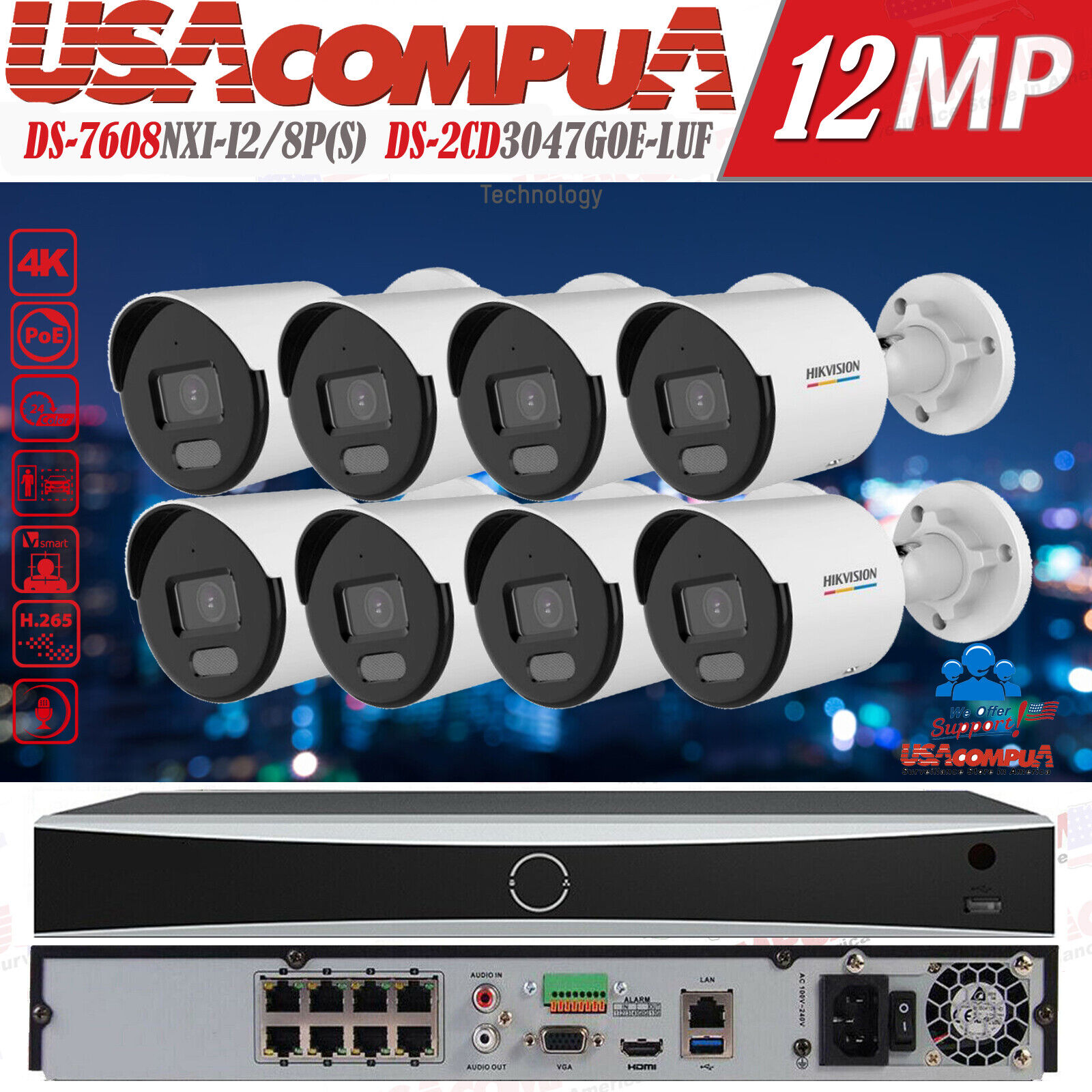 Hikvision 4K 8CH AcuSense Security Camera System 4MP Darkfigther Bullet W/Audio
