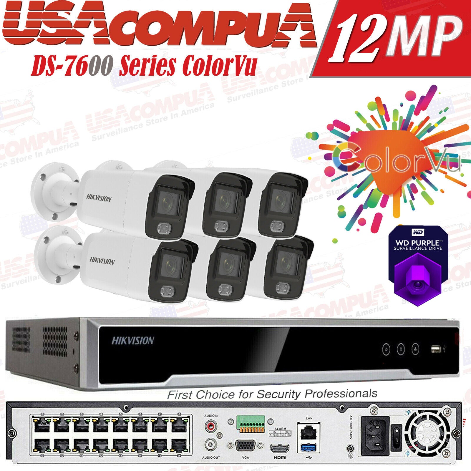 Hikvision 4K 12mp 16CH Security Camera System Bullet 4MP ColorVu W/AUDIO Lot