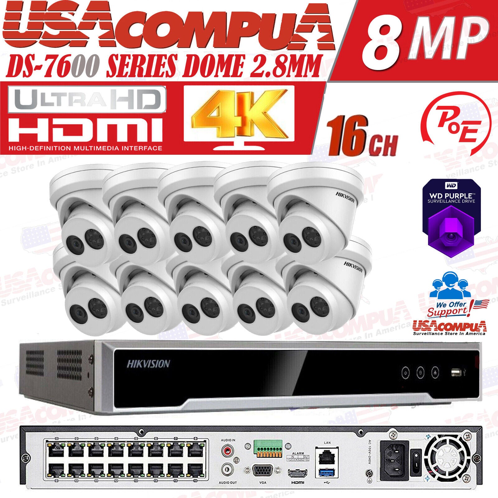 Cámara IP de torreta con micrófono DS-2CD2383G0-IU y NVR de 16 canales y 16 PoE Hikvision DS-7616NI-Q2 de 4 MP