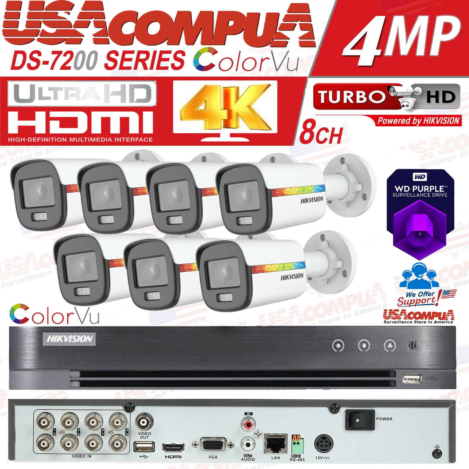 HIKVISION 4K Security Camera System CCTV Kit 8CH DVR W/ 1080P COLORVU
