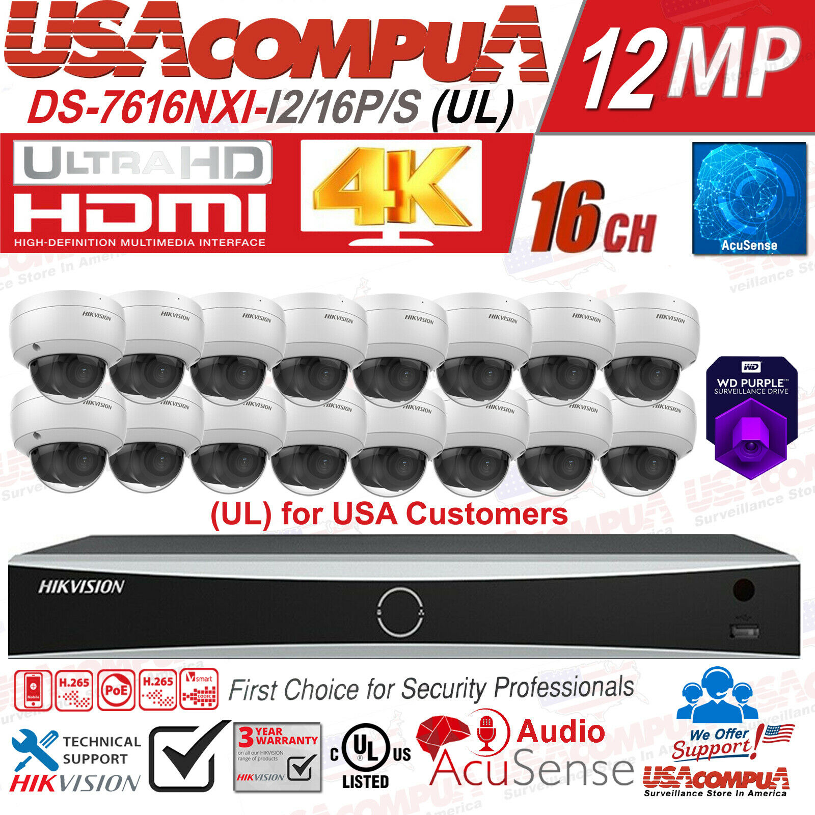 Hikvision Acusense 8MP 32CH 4KNVR DS-2CD2183G2-IU & DS-7616NXI-16P/S KIT/LOT