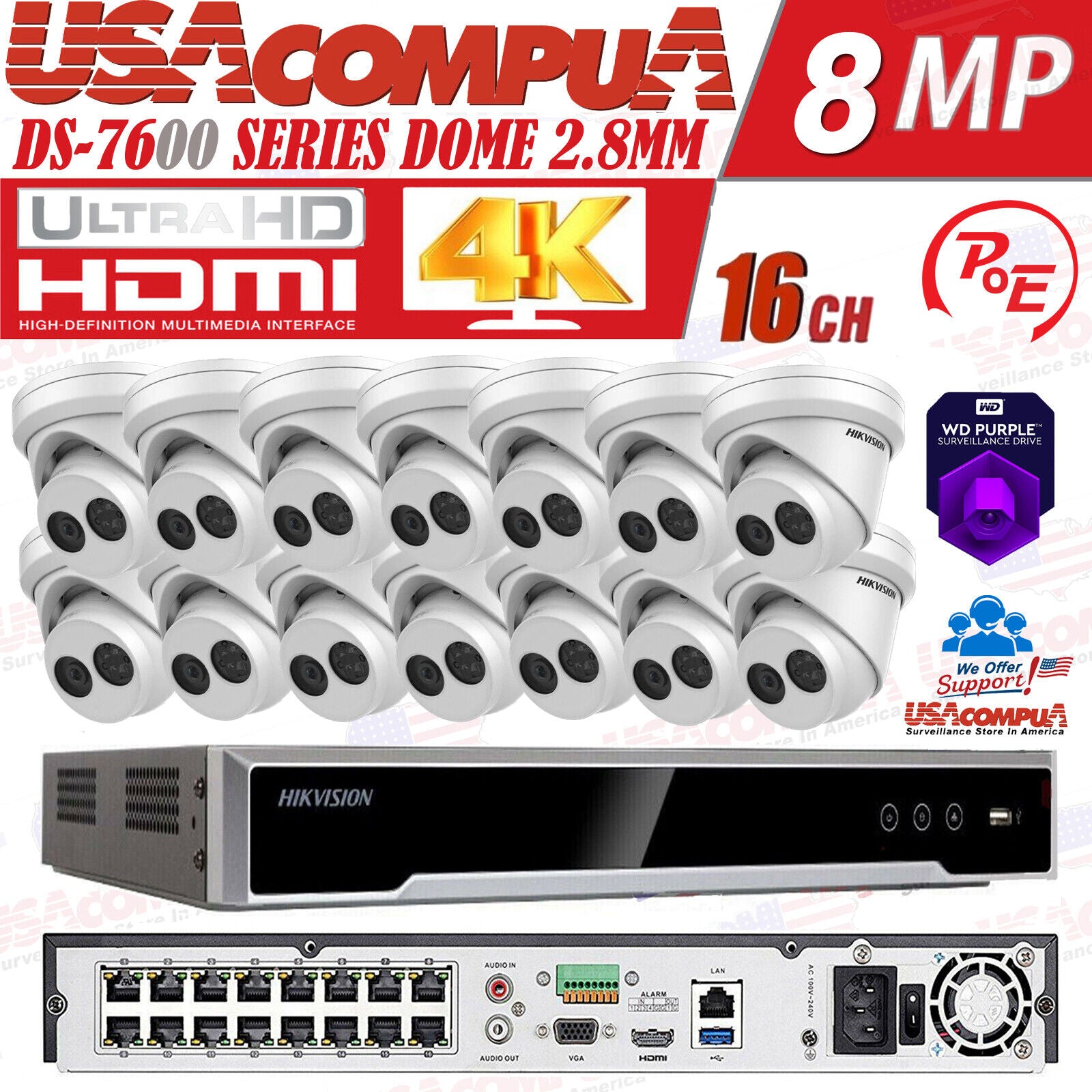Cámara IP de torreta con micrófono DS-2CD2383G0-IU y NVR de 16 canales y 16 PoE Hikvision DS-7616NI-Q2 de 4 MP