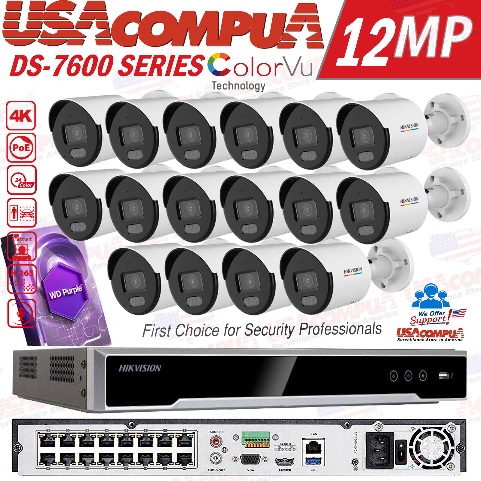 Hikvision 16CH 12MP Security Camera System CCTV 4TB 4MP Bullet ColorVu W/Audio